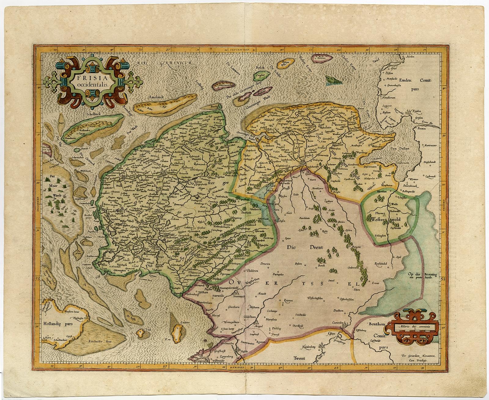 Antique print, titled: 'Frisiae Occidentalis.' 

Handsome map of the Dutch Provinces of Friesland and Groningen. Embellished with strapwork title-cartouches. Latin tekst on verso. Probably from an early ed. of 'Atlas sive cosmographicae