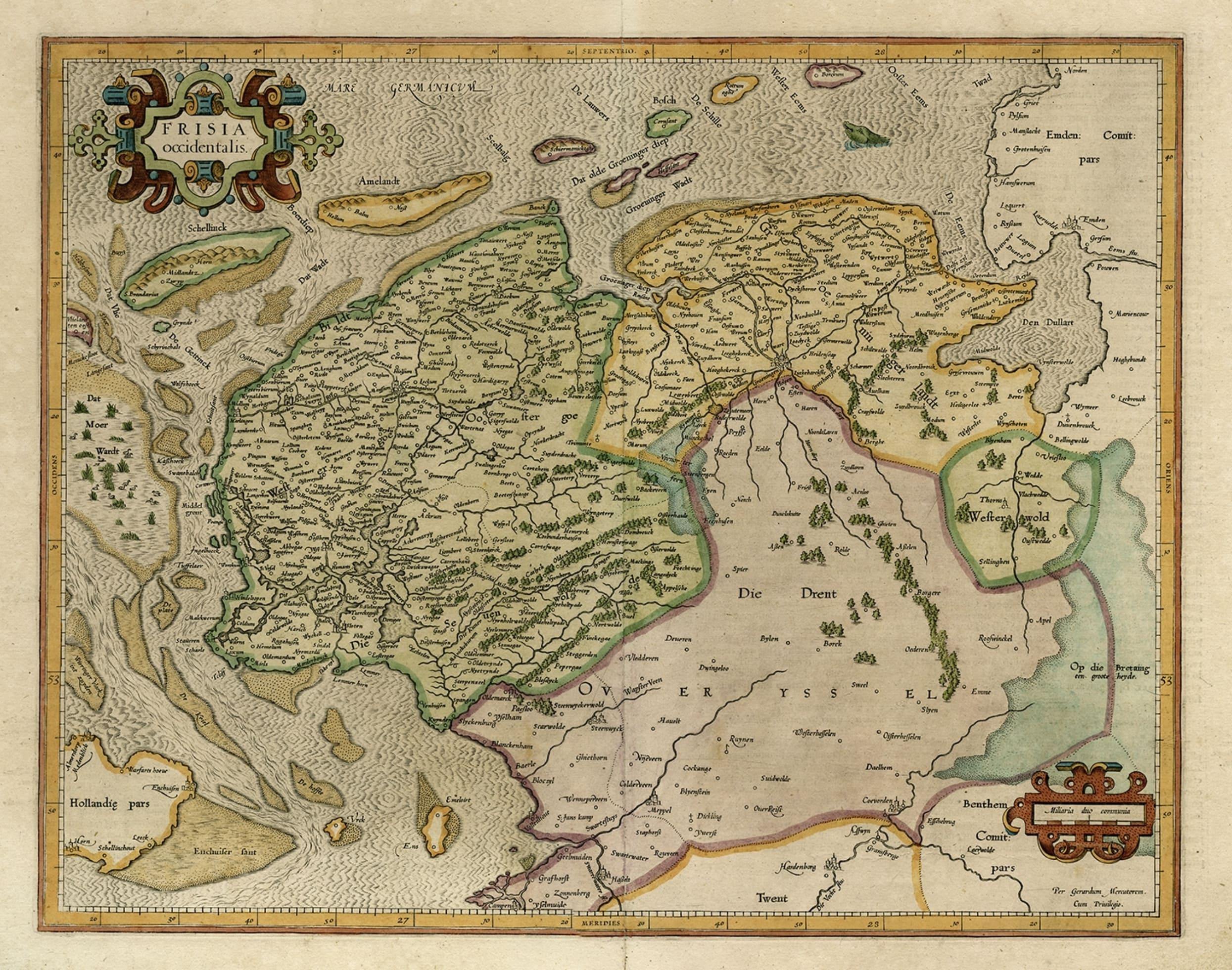 Old Map of the Dutch Provinces of Friesland and Groningen, The Netherlands, 1604 In Good Condition For Sale In Langweer, NL
