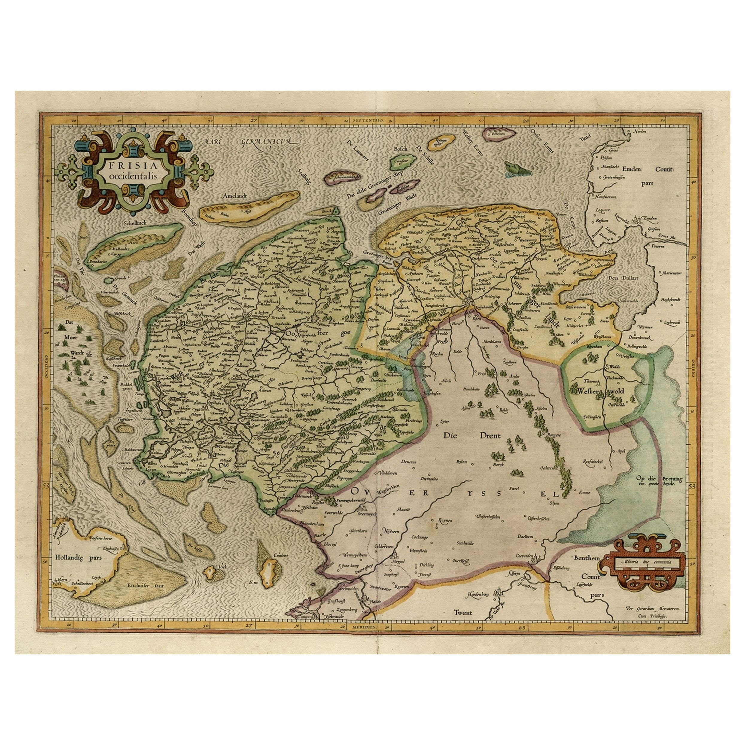 Mapa antiguo de las provincias holandesas de Frisia y Groninga, Países Bajos, 1604