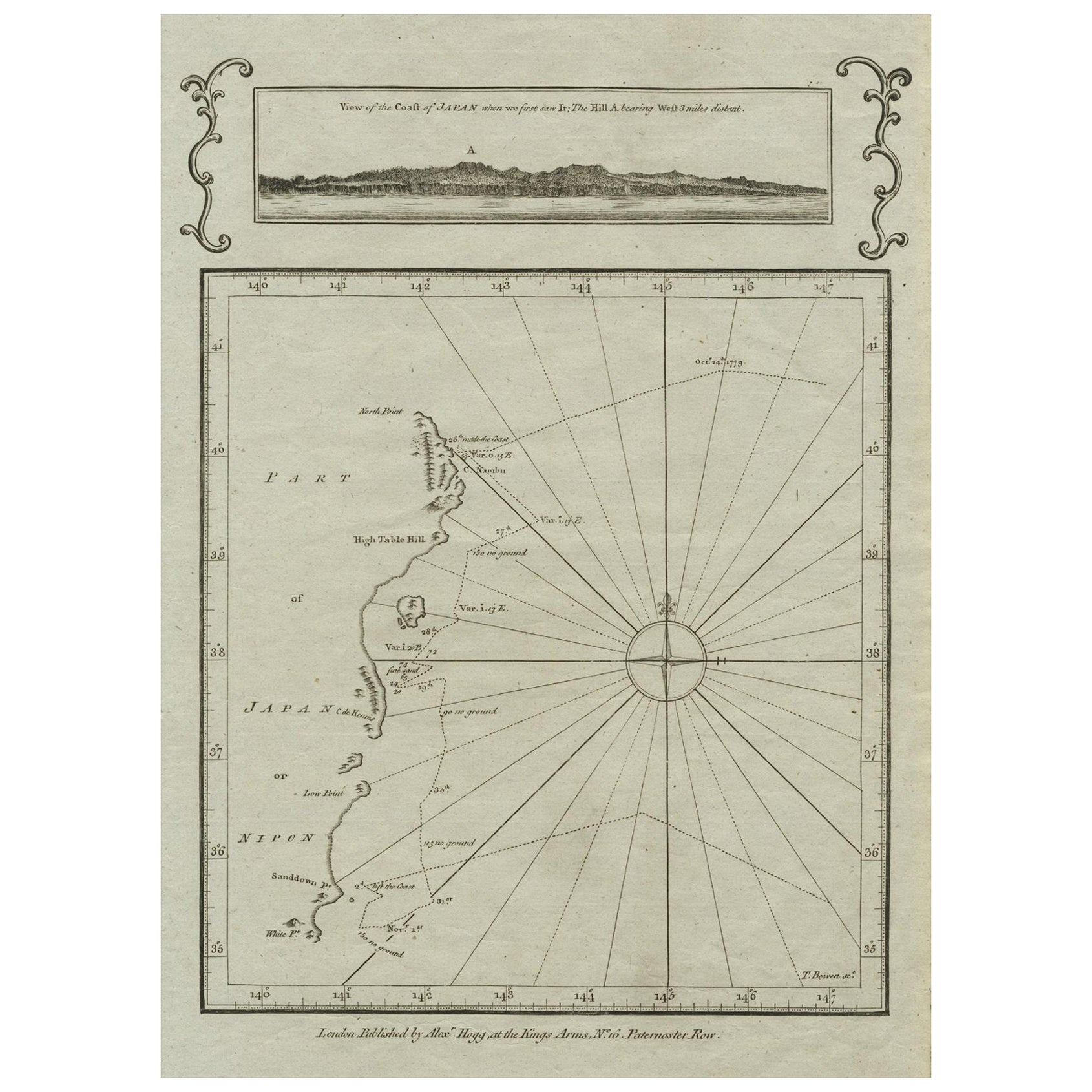 Antica mappa della costa orientale di Honshu con inserto, Giappone, 1785 ca.