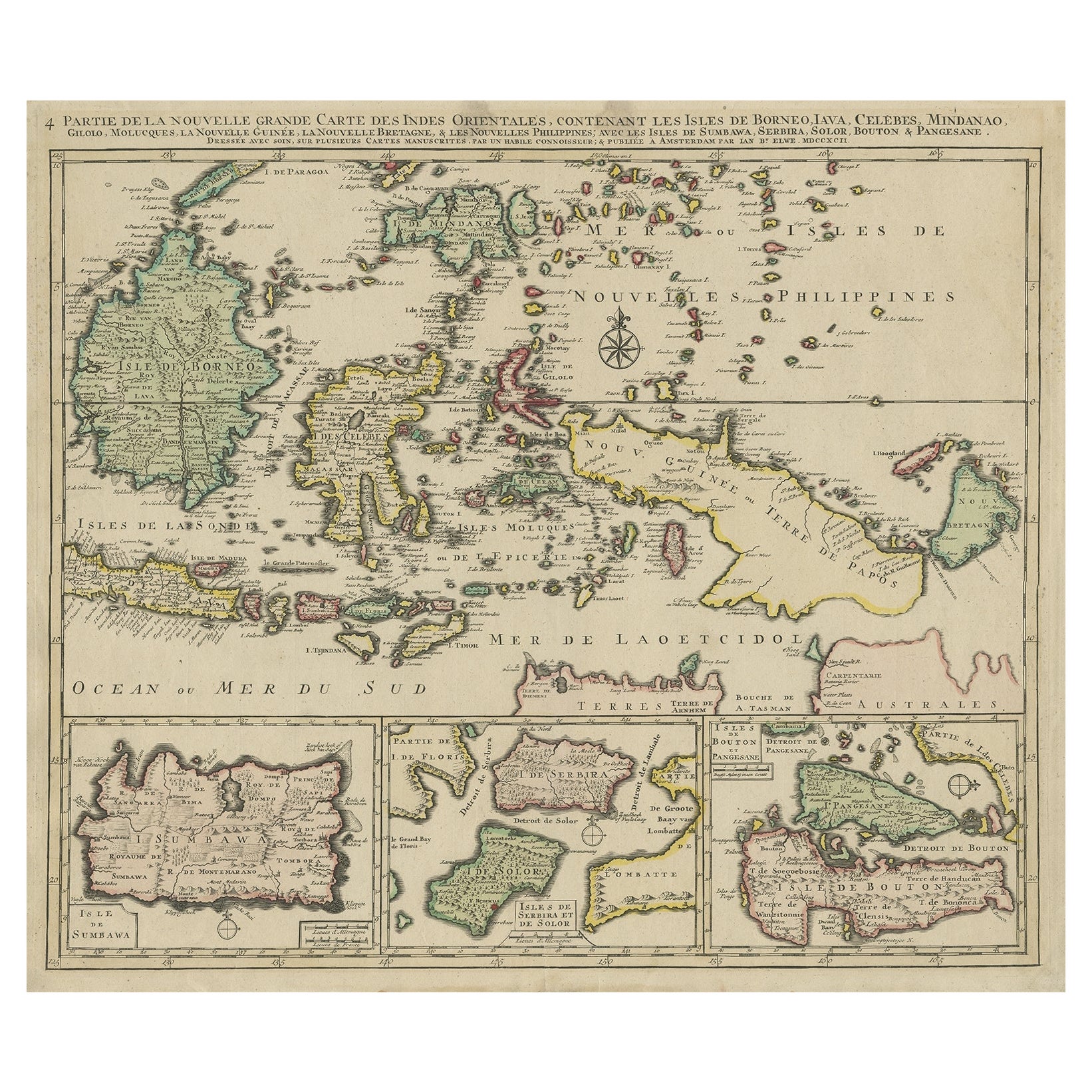 Carte ancienne des îles indonésiennes de l'Est, Borneo, Celebes, Nouvelle-Guinée, Bali, 1792
