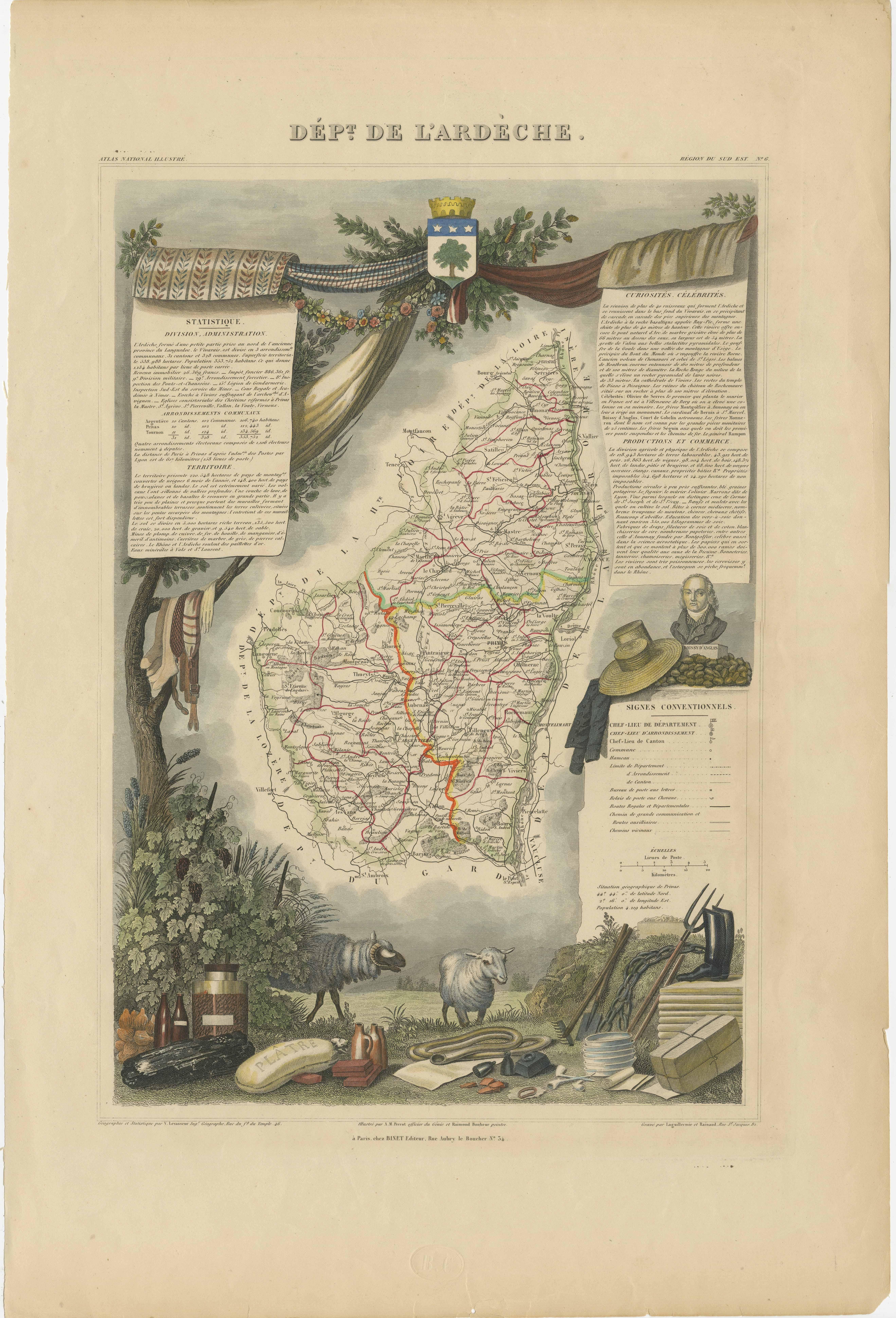 Antique map titled 'Dépt. de l'Ardèche'. Map of the Department of Ardèche, France. This region is known for its fine wines, agriculture, distilled spirits, and cheese. The capital city is Privas. The whole is surrounded by elaborate decorative