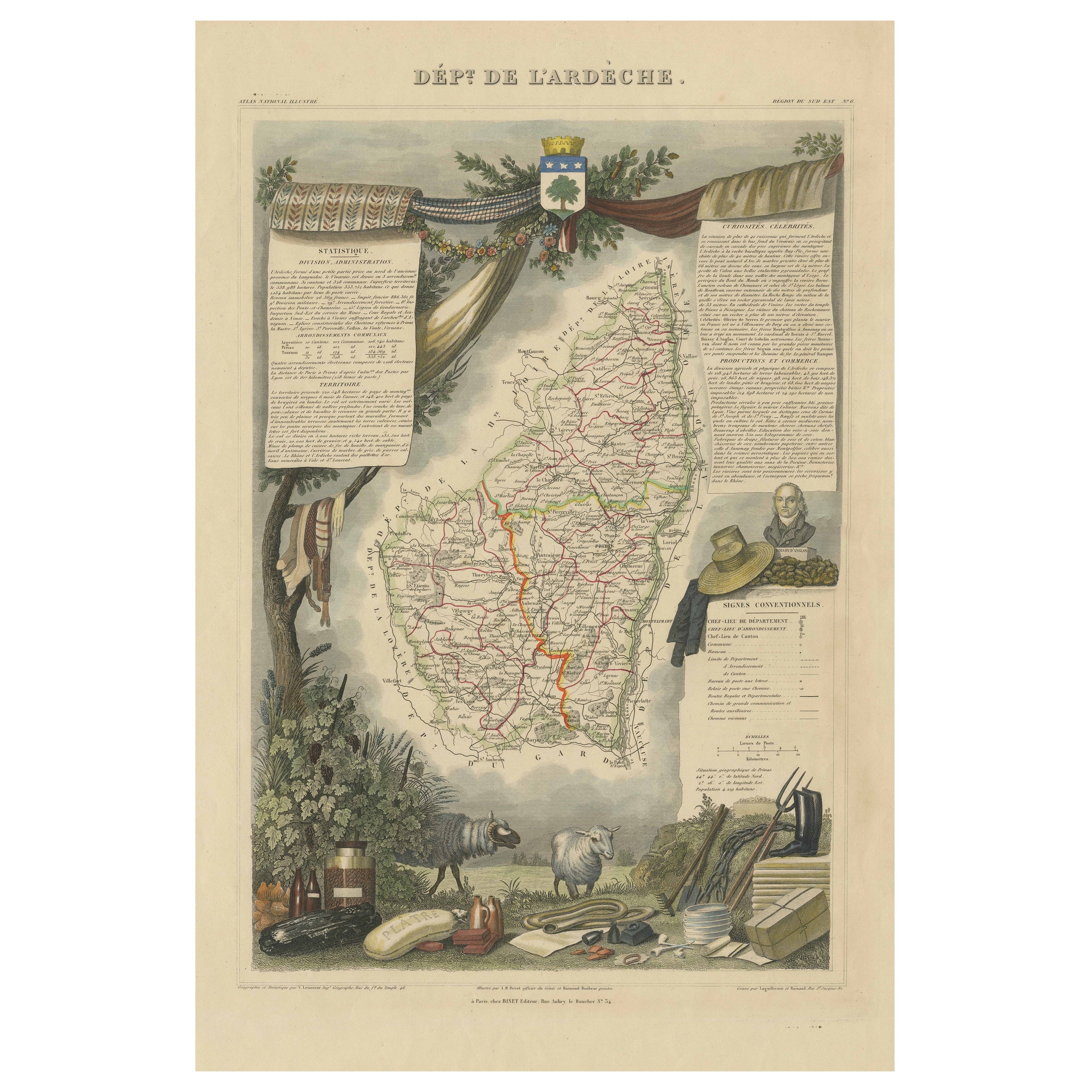 Ancienne carte du département de l'Ardèche, France