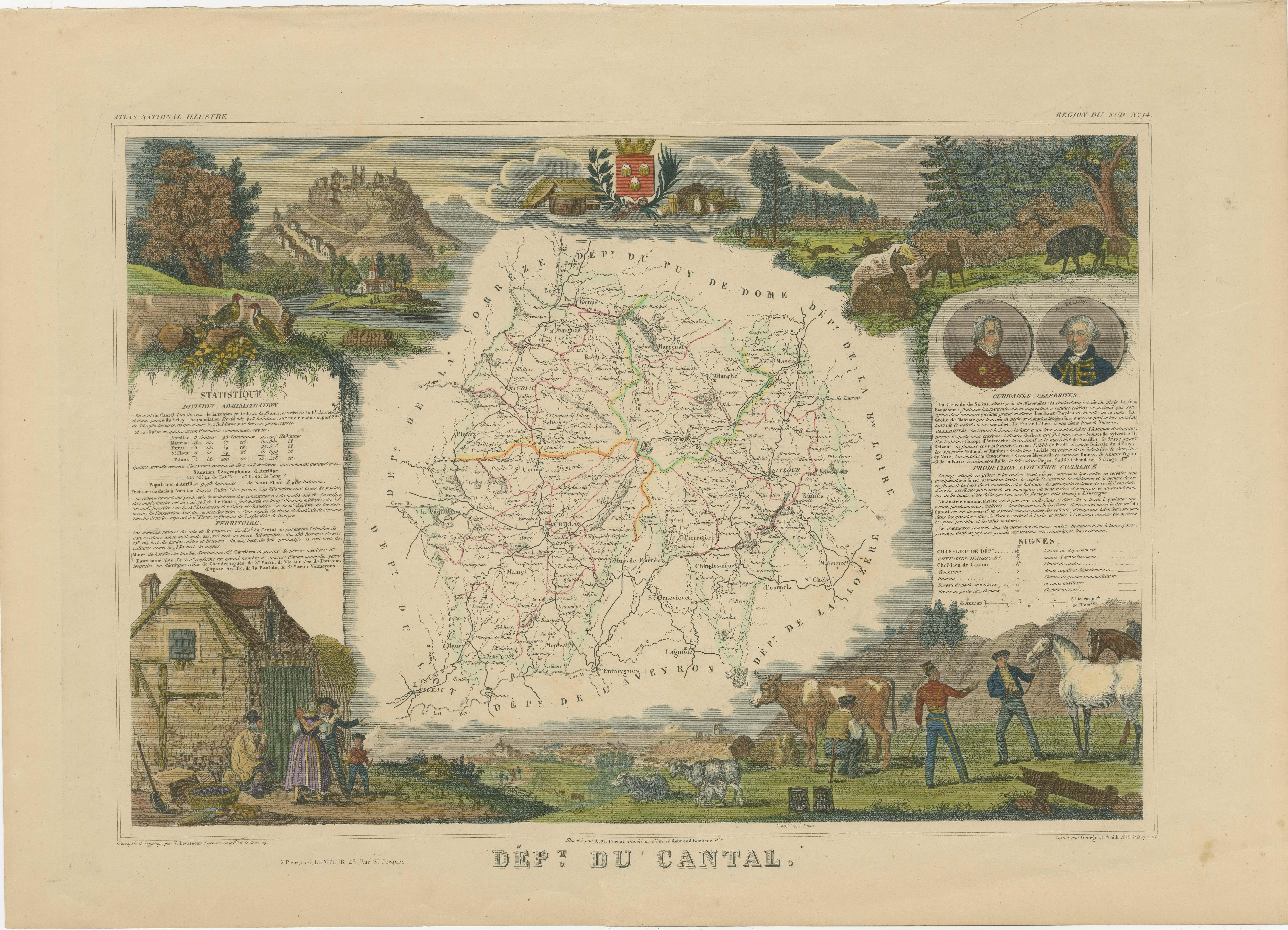 Antique map titled 'Dépt. du Cantal'. Map of the French department of Cantal, France. This area of France is known for its production of Cantal, a firm cheese, named after the region. The whole is surrounded by elaborate decorative engravings