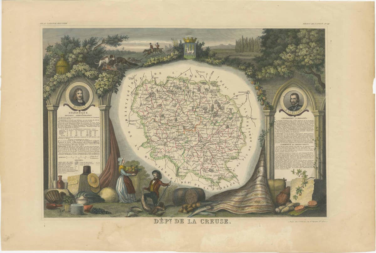 Old Map of the French department of Creuse, France