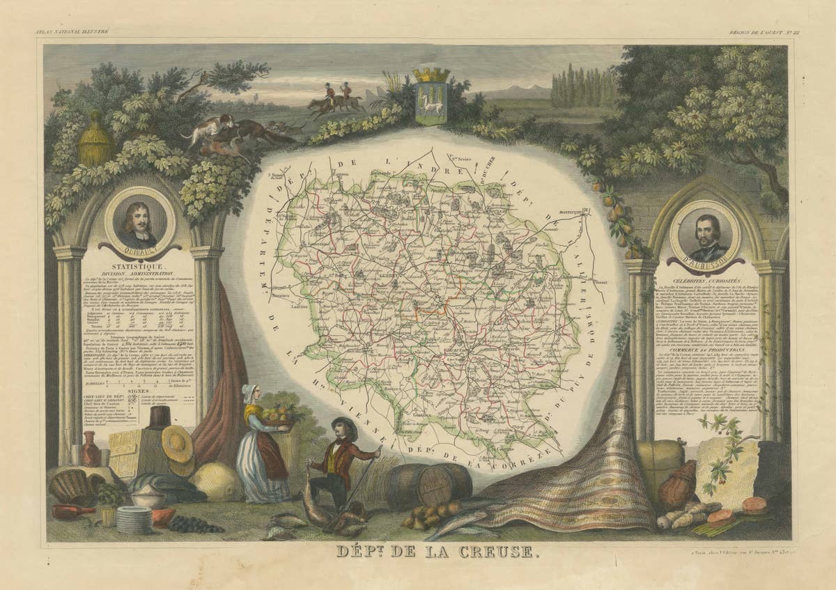 Old Map of the French department of Creuse, France