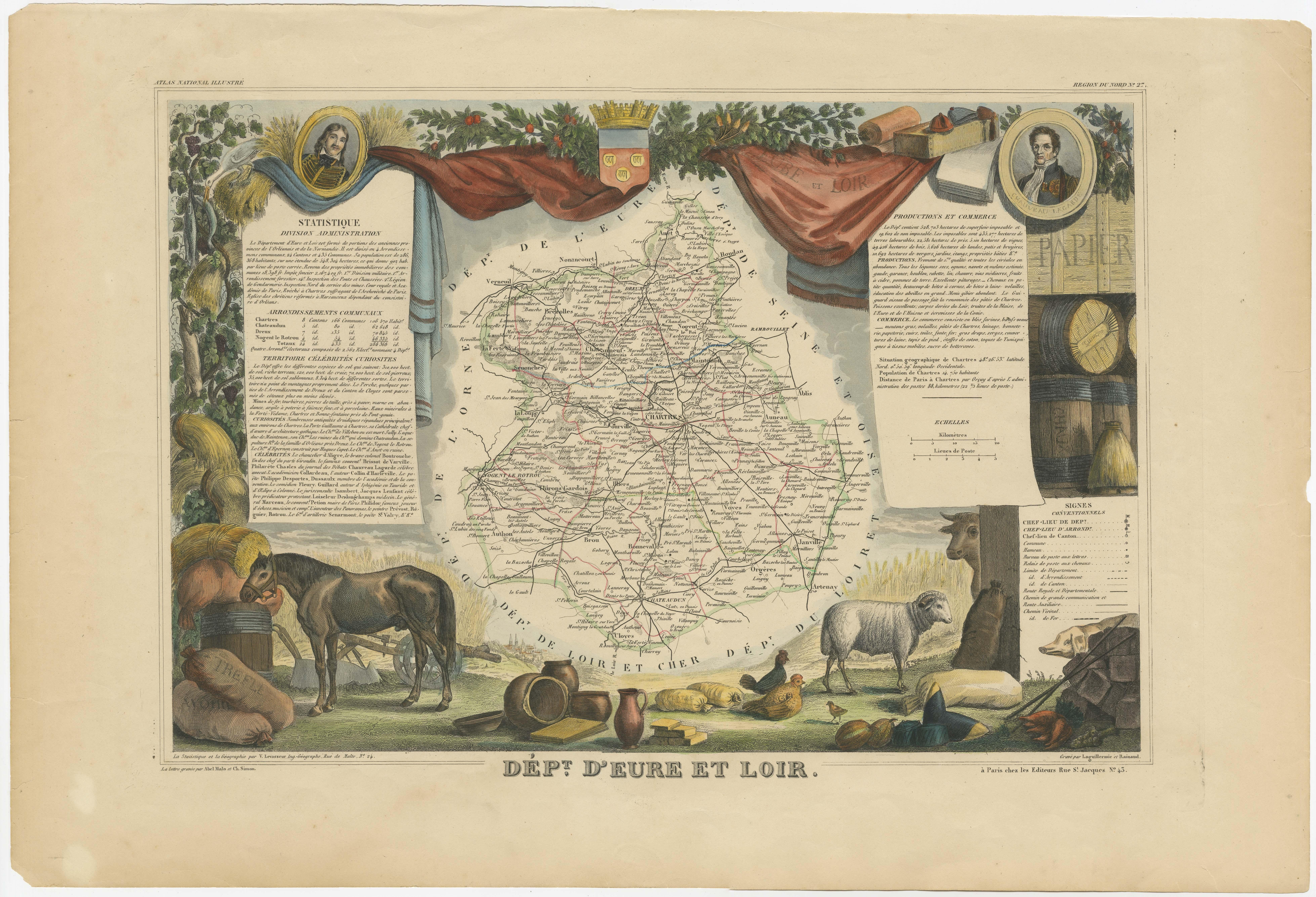 Antique map titled 'Dépt. d'Eure et Loir'. Map of the French department of Eure-et-Loir, France. This area is home to the famous Chartres Cathedral. The whole is surrounded by elaborate decorative engravings designed to illustrate both the natural