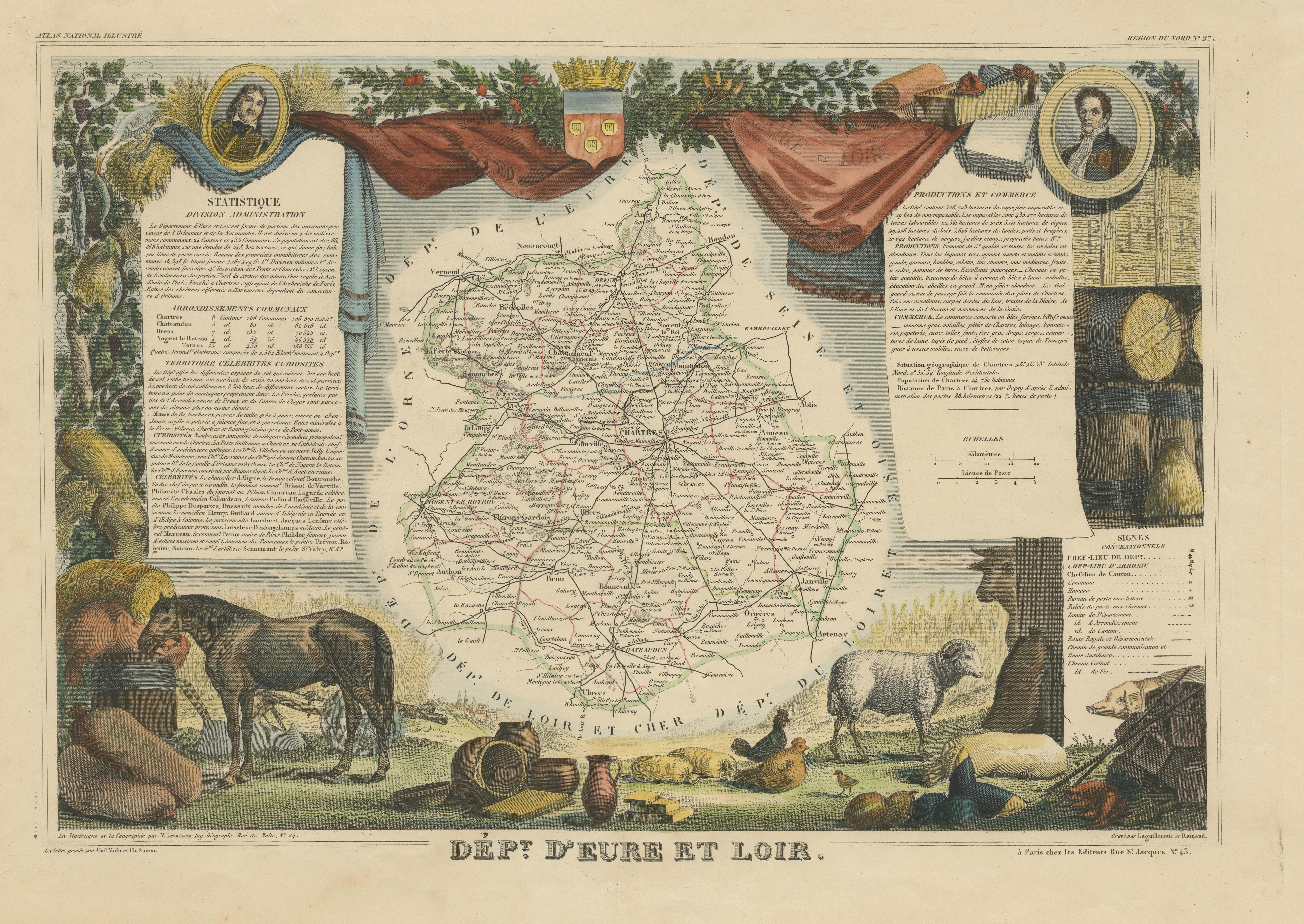 Alte Karte des französischen Departements Eure-et-loir, Frankreich im Zustand „Gut“ im Angebot in Langweer, NL