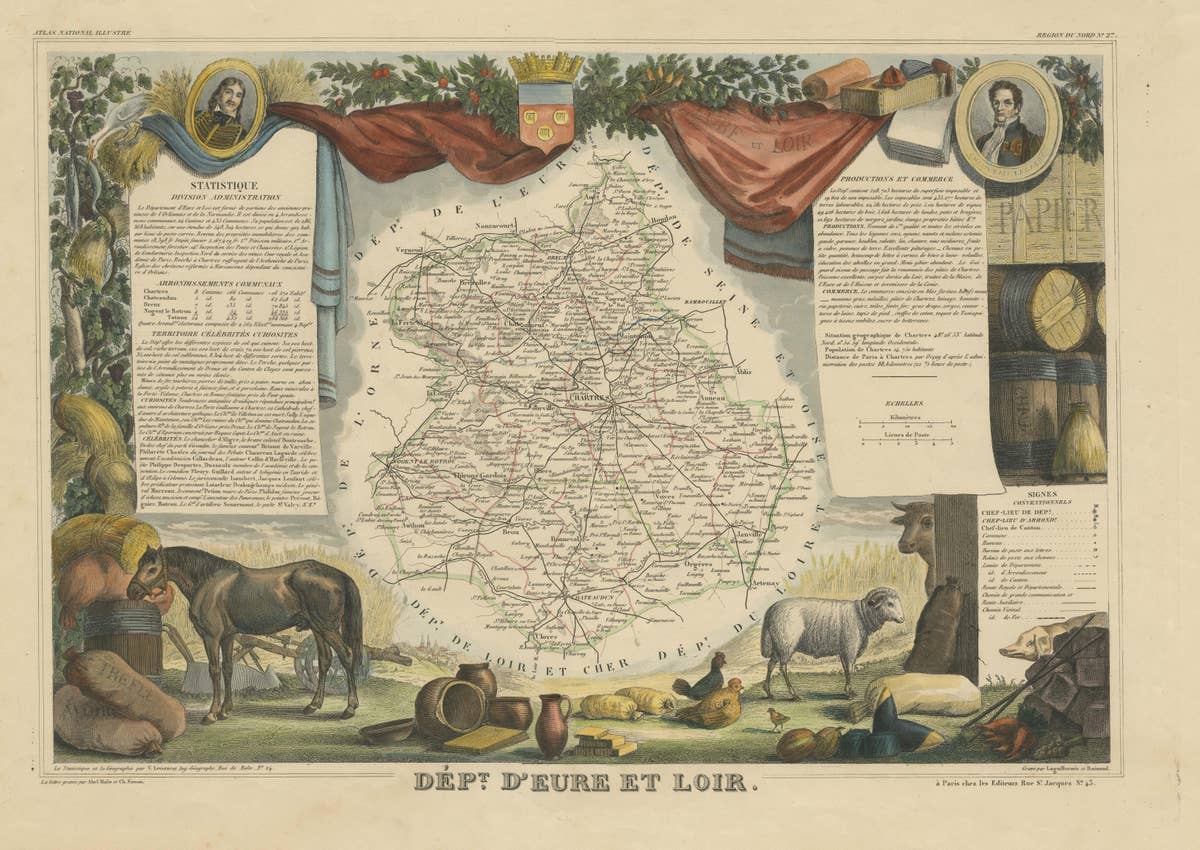 Old Map of the French Department of Eure-et-loir, France