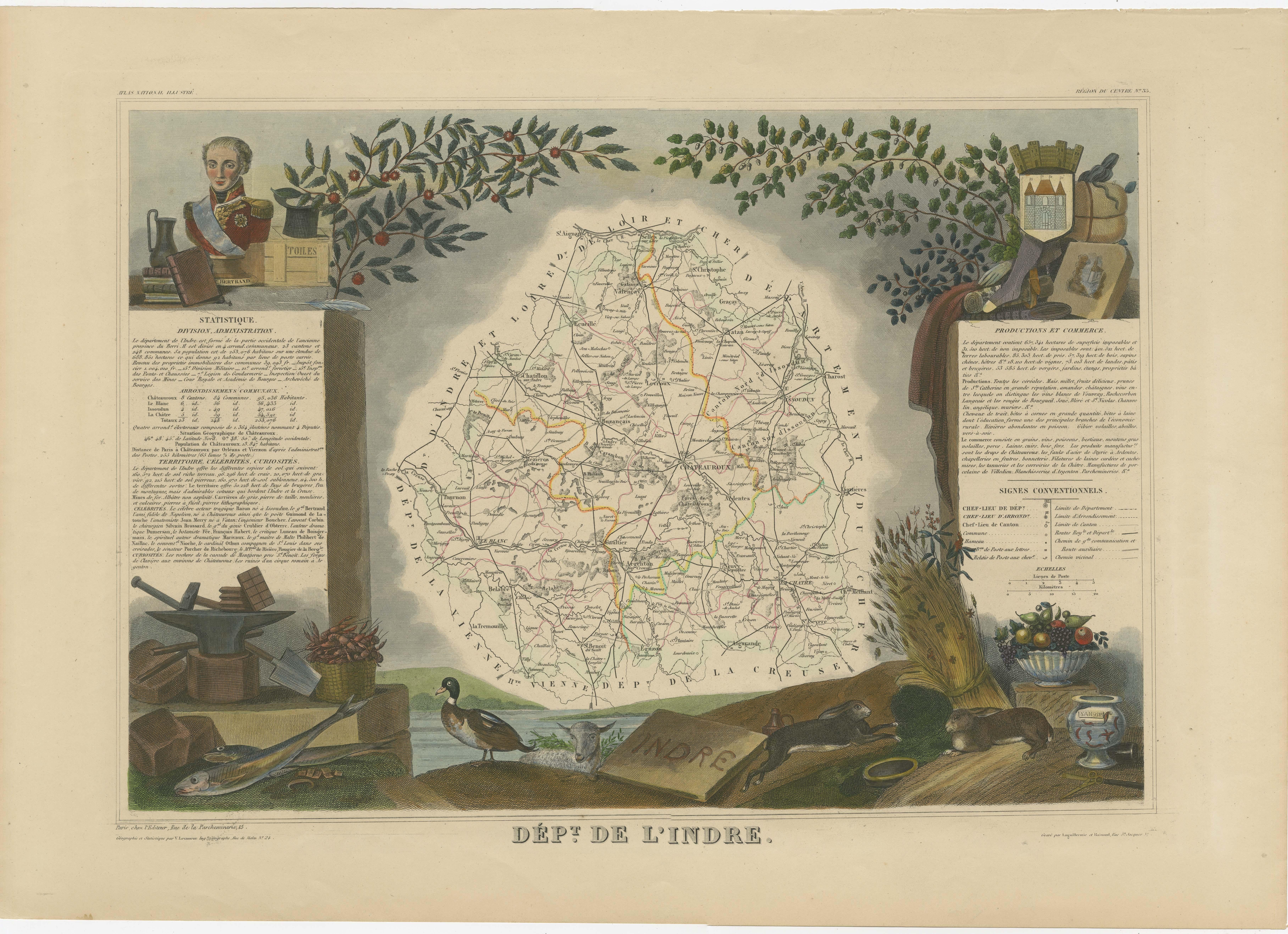 Antike Karte mit dem Titel 'Dept. de l'Indre'. Karte des französischen Departements Indre, Frankreich. Dieses zur Weinregion Loire-Tal gehörende Gebiet ist bekannt für die Herstellung von Chinon-Weinen, typischerweise Rotweine, und für die