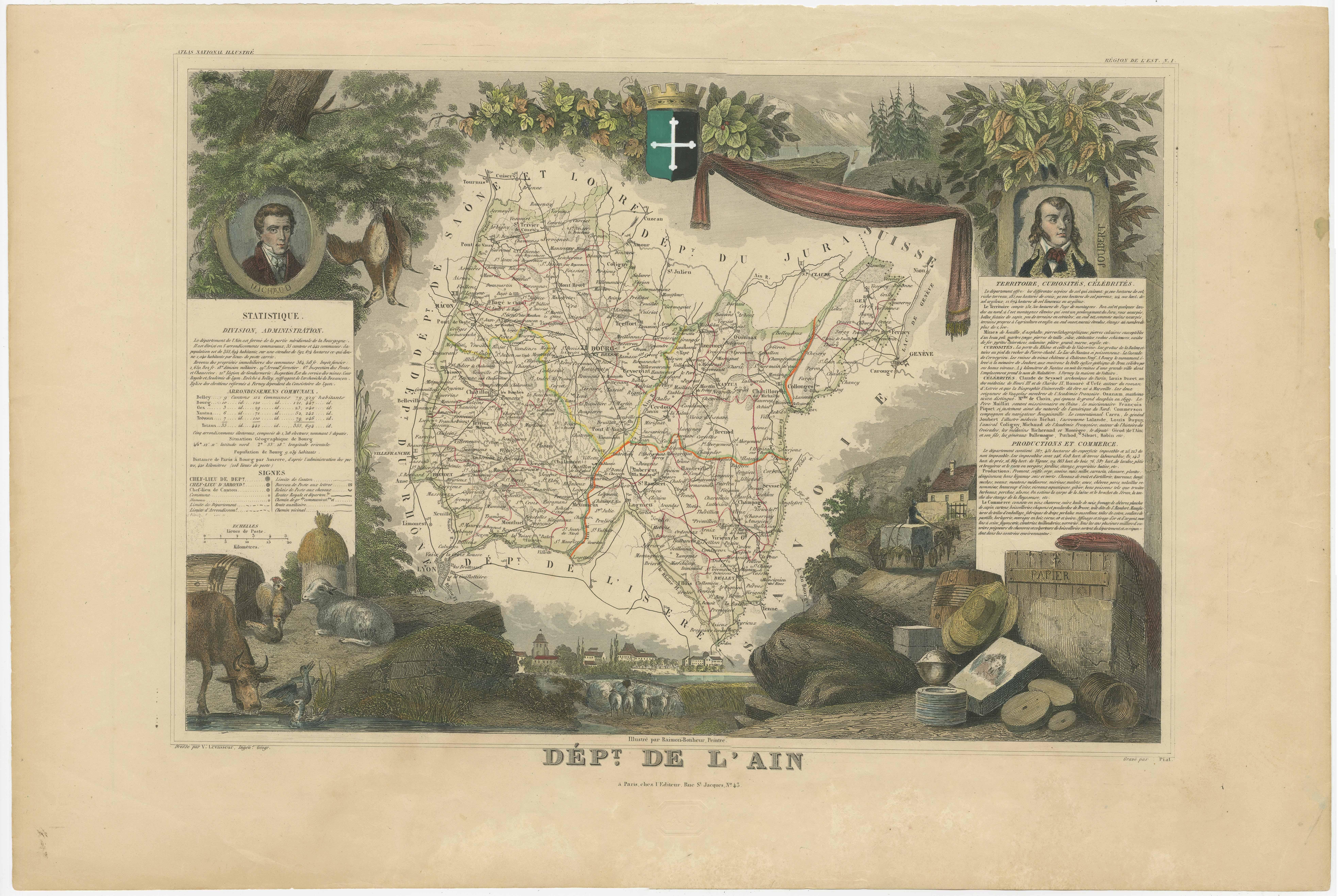 Antique map titled 'Dépt. de l'Ain'. Map of the French department of l'Ain, France. This area of France is known for its Bugey wines, which are generally aromatic and white. It is also known for its fine blue cheese, poultry, and fisheries. The