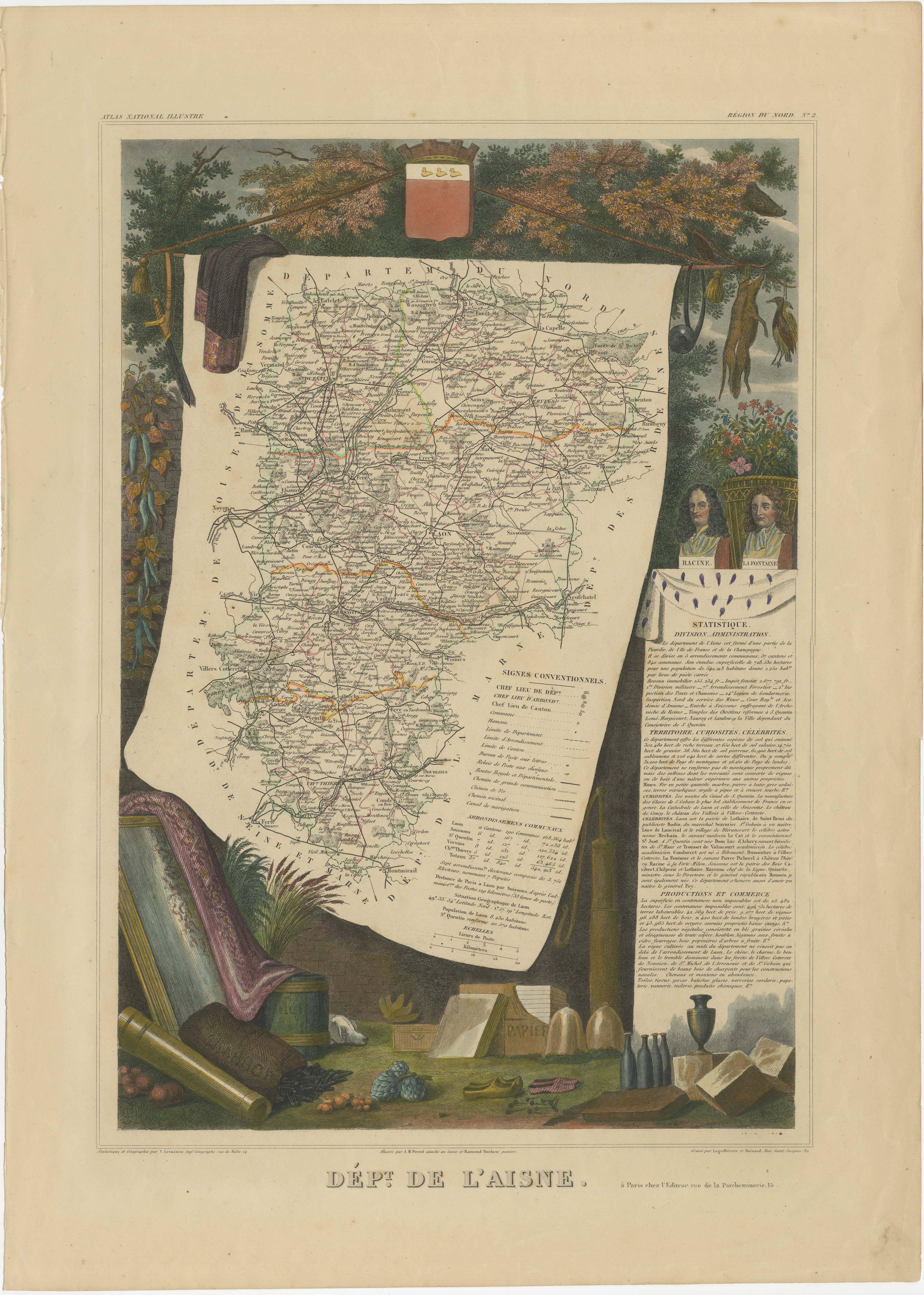 Antike Karte mit dem Titel 'Dépt. de l'Aisne'. Karte des französischen Departements l'Aisne, Frankreich. Das Ganze ist von aufwendigen dekorativen Gravuren umgeben, die sowohl die natürliche Schönheit als auch den Handelsreichtum des Landes