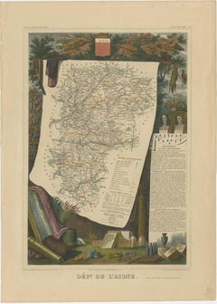 Carta geografica antica del dipartimento francese dell'Aisne, Francia