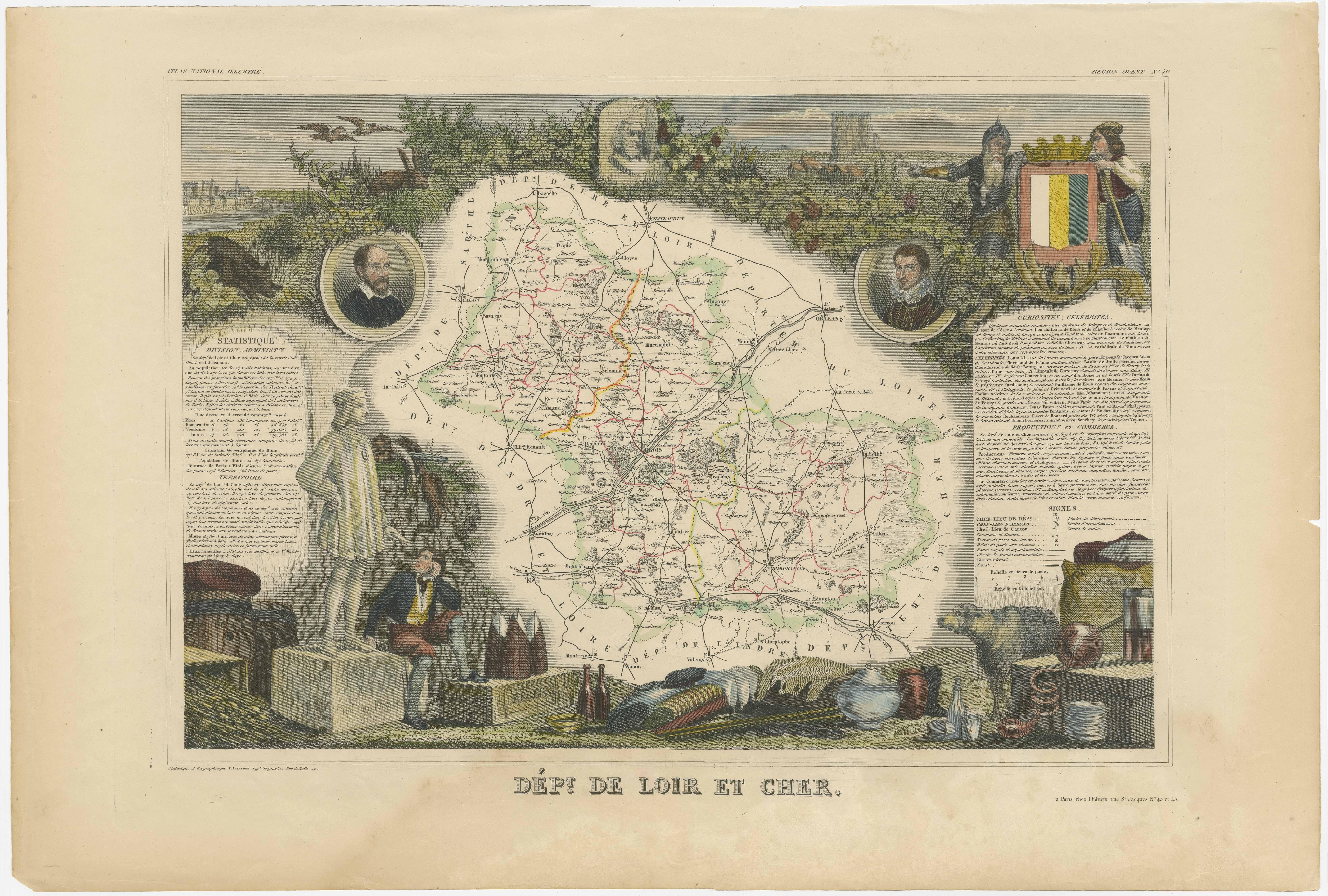 Antike Karte mit dem Titel 'Dépt. de Loir et Cher'. Karte des französischen Departements Loir-et-Cher, Frankreich. Dieses Gebiet ist vor allem für die Herstellung von Selles-sur-Cher bekannt, einem feinen Ziegenmilchkäse. Das Ganze ist von