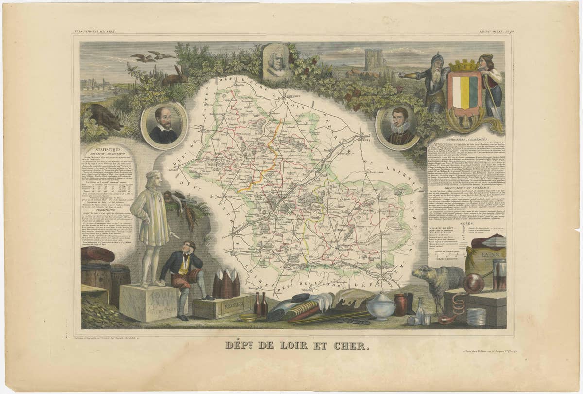 Old Map of the French Department of Loir-et-cher, France