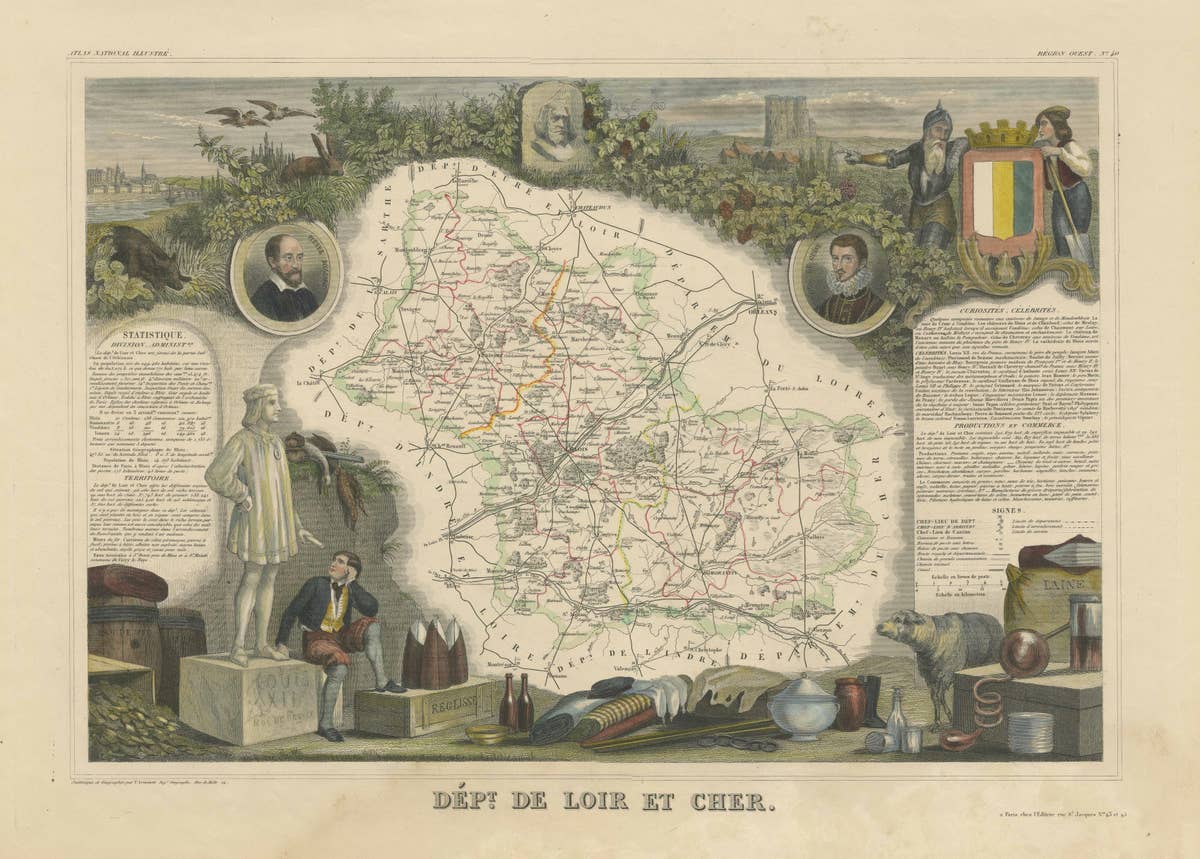 Old Map of the French Department of Loir-et-cher, France