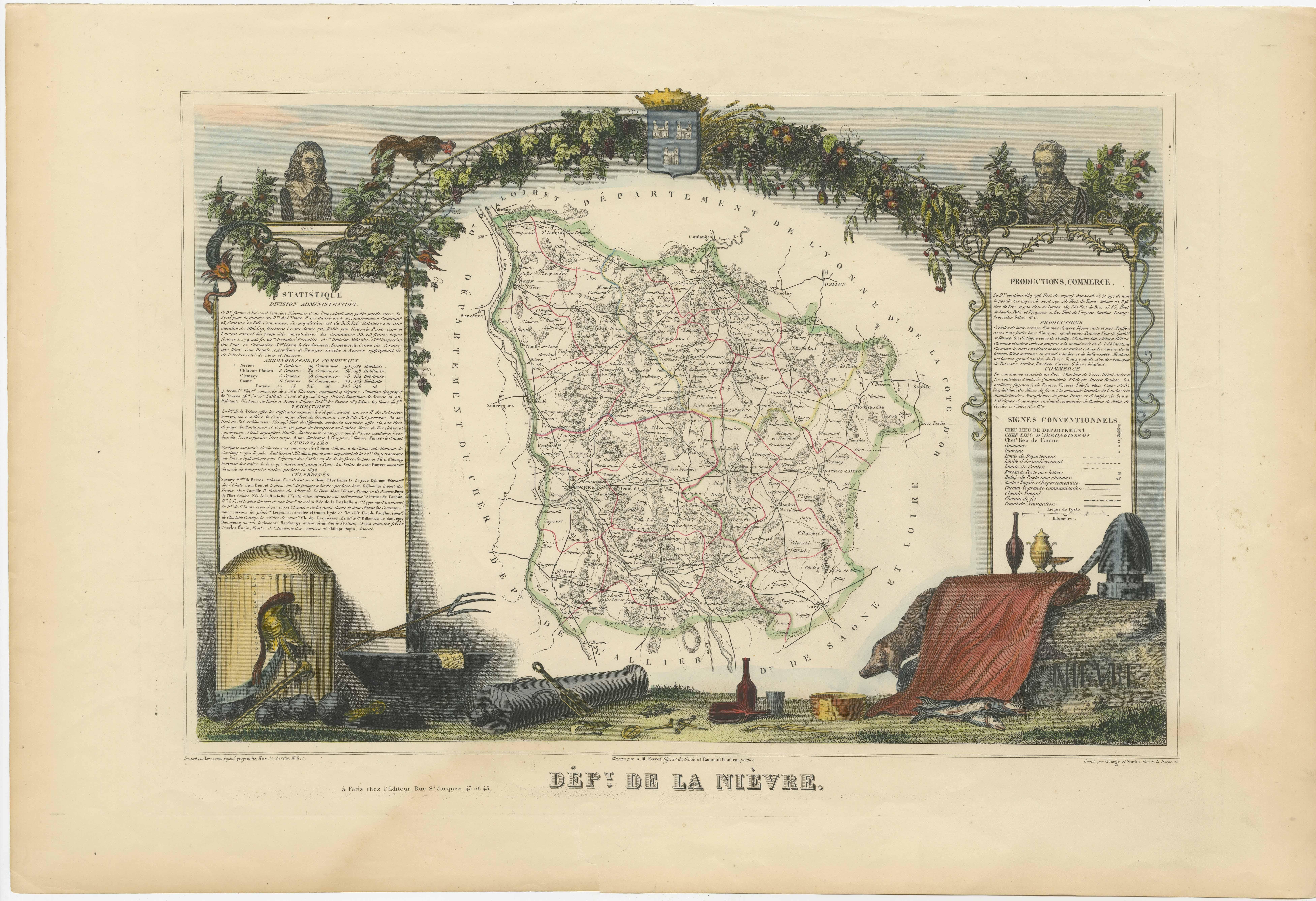 Antique map titled 'Dept. de la Nièvre'. Map of the French department of Nievre, France. Part of the prestiegous Burgundy or Bourgogne wine region this area is known for its production of Pouilly Fumé, a white wine. The word “fumé” is French for