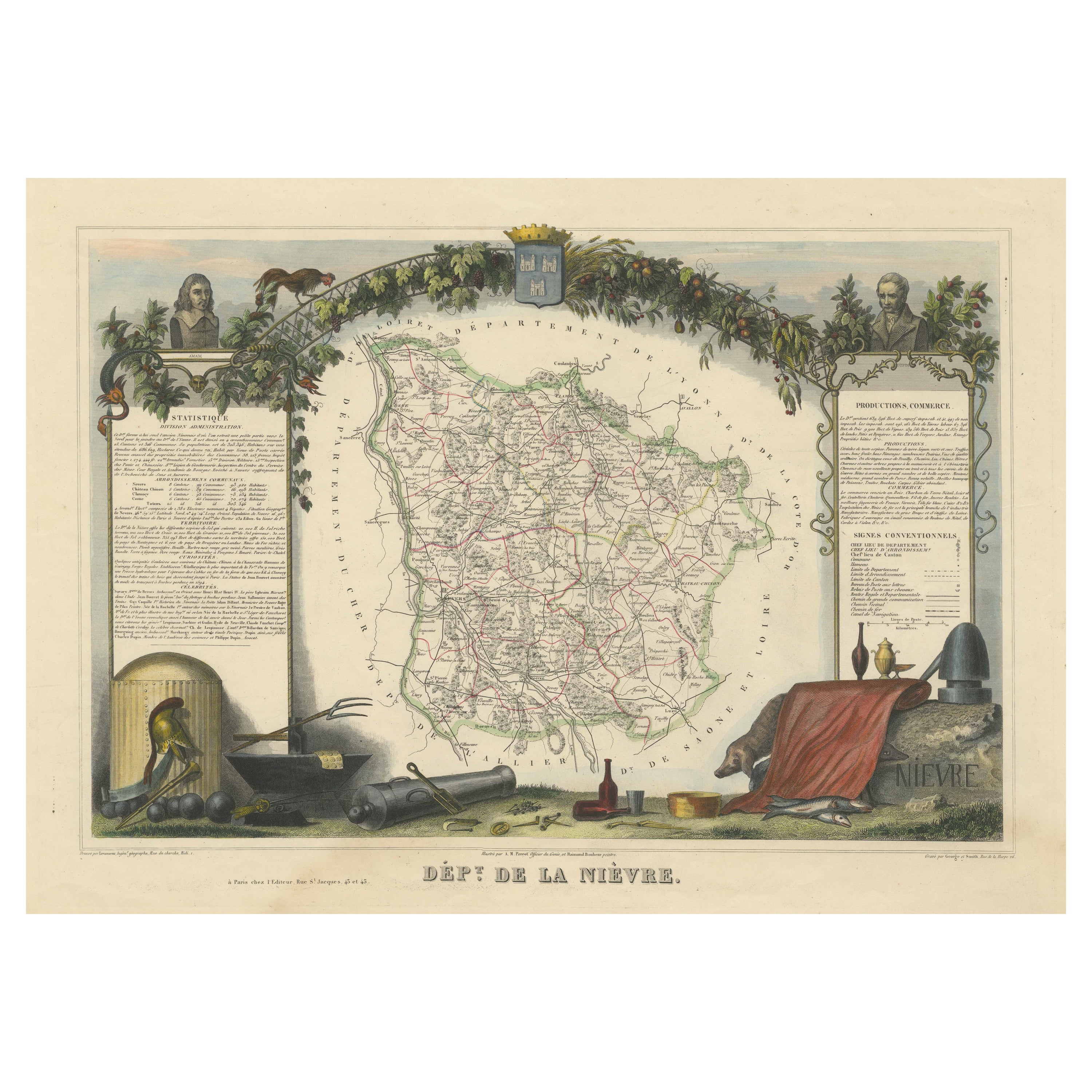 Carta geografica antica del Dipartimento francese della Nièvre, Francia