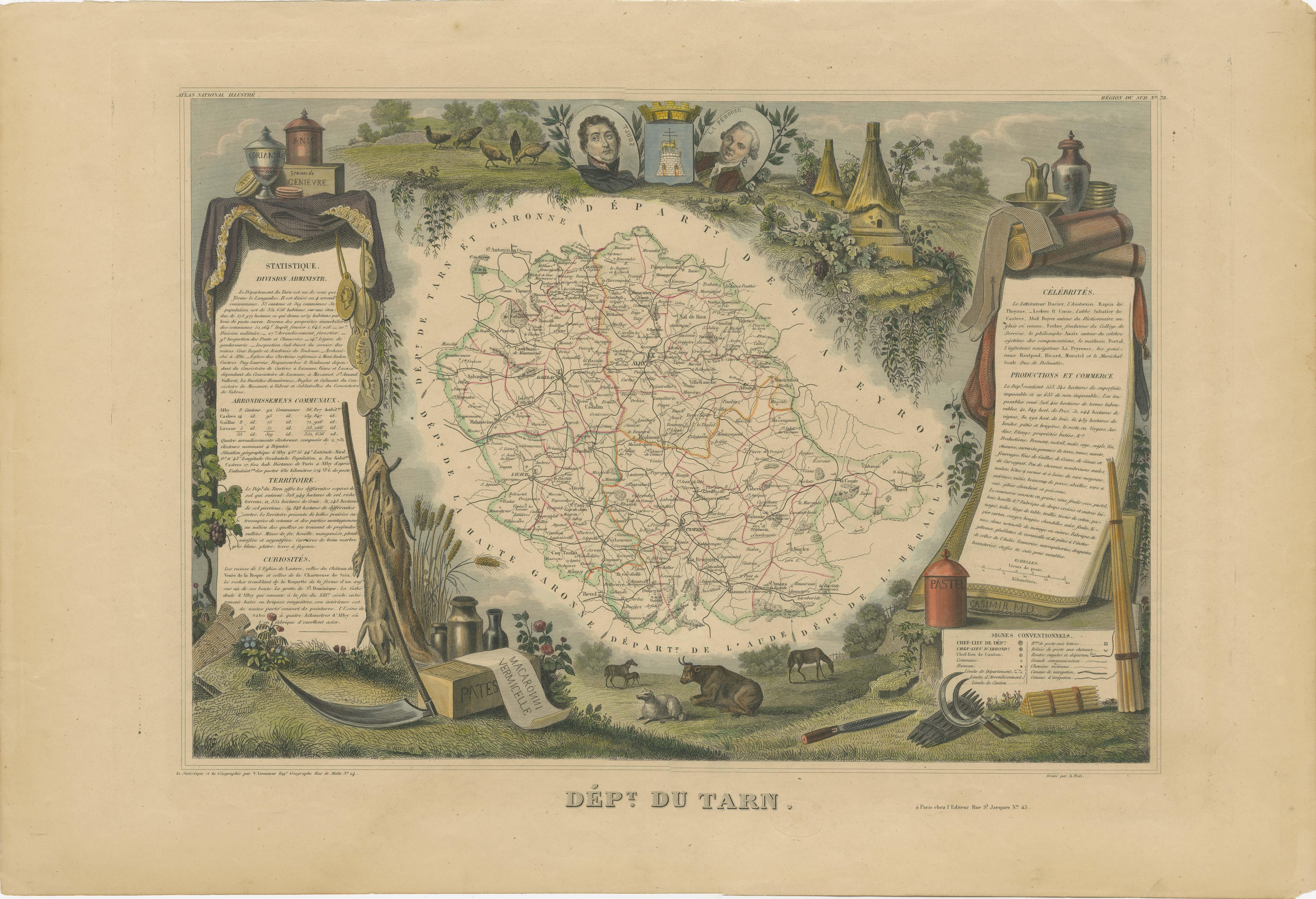 Antike Karte mit dem Titel 'Dépt. du Tarn'. Karte des französischen Departements Tarn, Frankreich. In diesem Gebiet wird eine Vielzahl von traditionellen Weinen hergestellt, darunter Cahors, Mauzac, Loin de l'Oeil und Ondenc für die Weißweine und