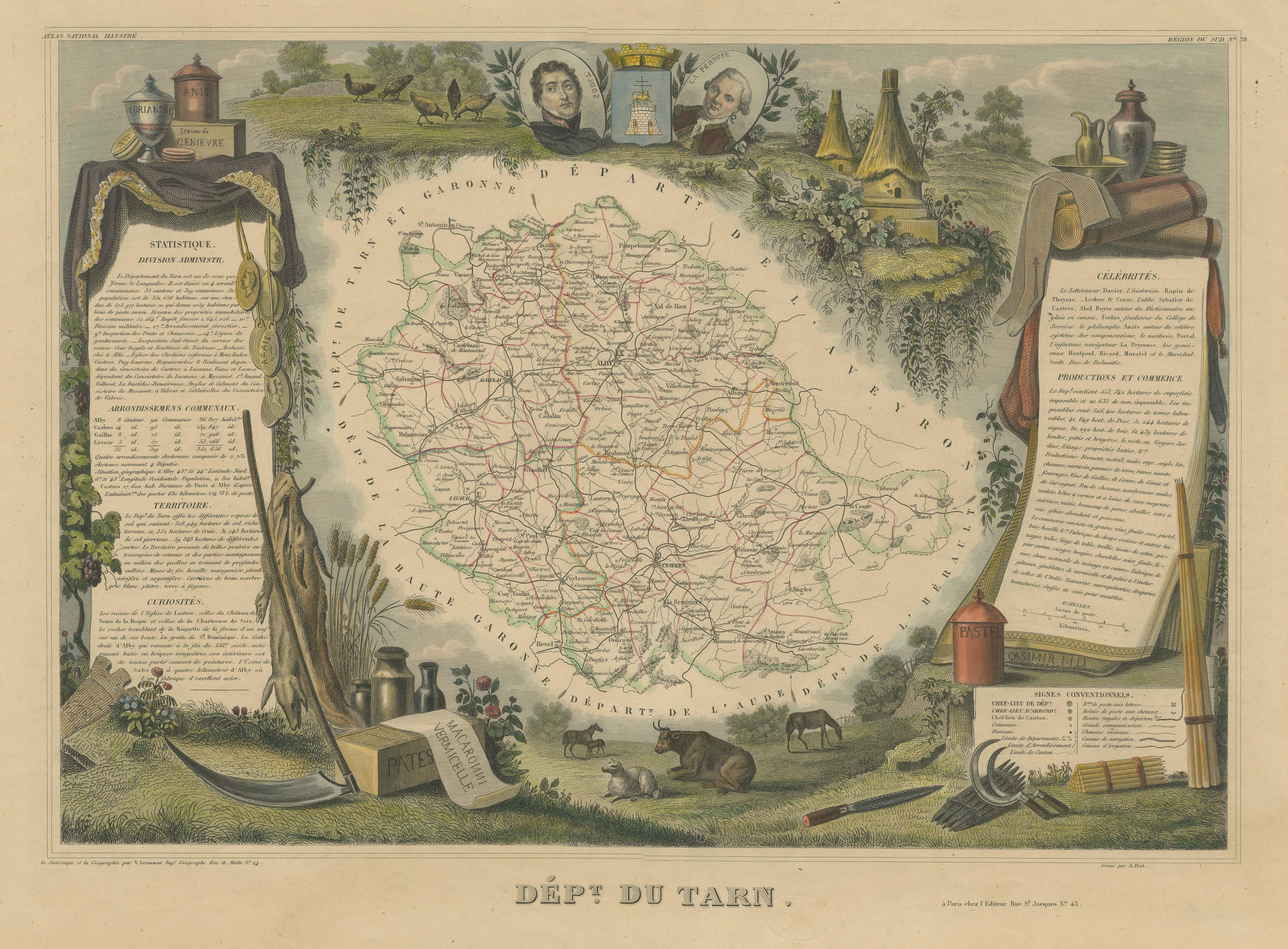 Alte Karte der französischen Abteilung von Tarn, Frankreich im Zustand „Gut“ im Angebot in Langweer, NL