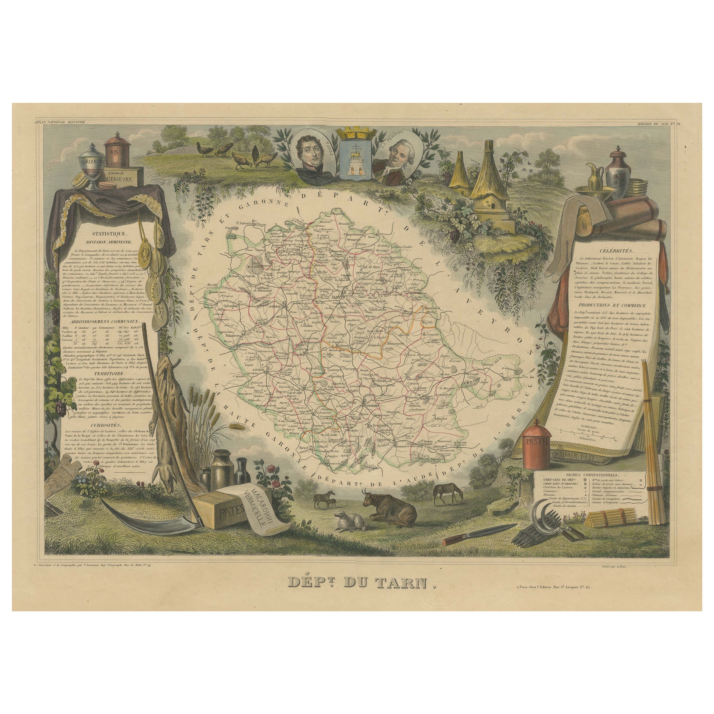 Ancienne carte du département français de Tarn, France