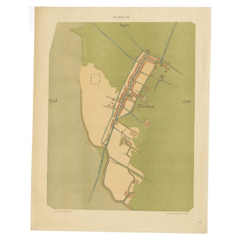 Old Map of The Frisian City of Workum in Holland, 1916