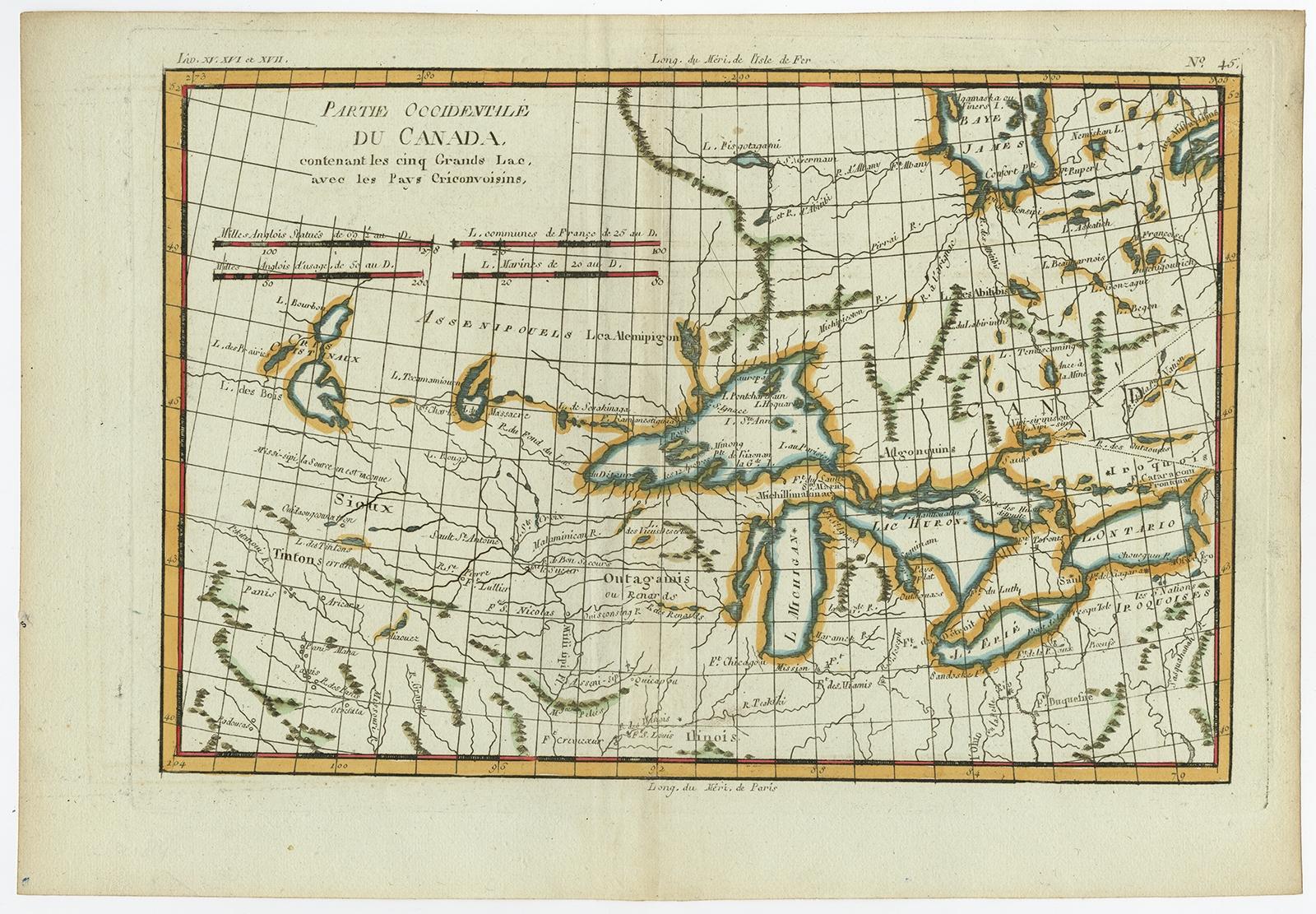 Antique map titled 'Partie Occidentale du Canada'. 

A fine example of Rigobert Bonne and Guilleme Raynal's 1780 map of the Great Lakes and upper Mississippi Valley. 

A map of considerable importance, this chart was constructed during a period
