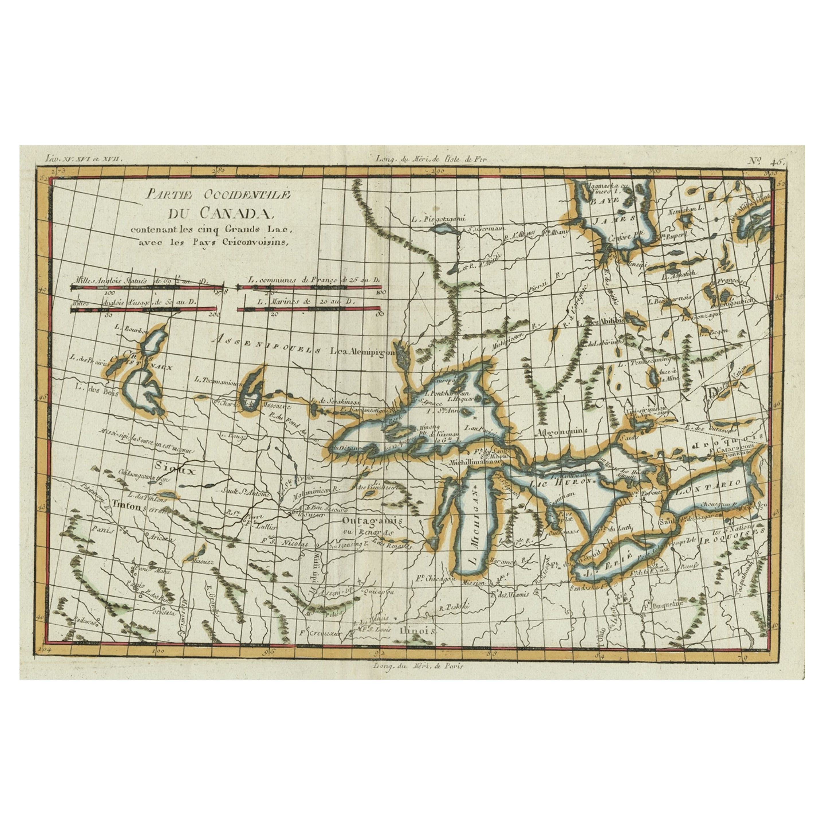 Mapa antiguo de los Grandes Lagos y el Alto Valle del Mississippi, América del Norte, c1780