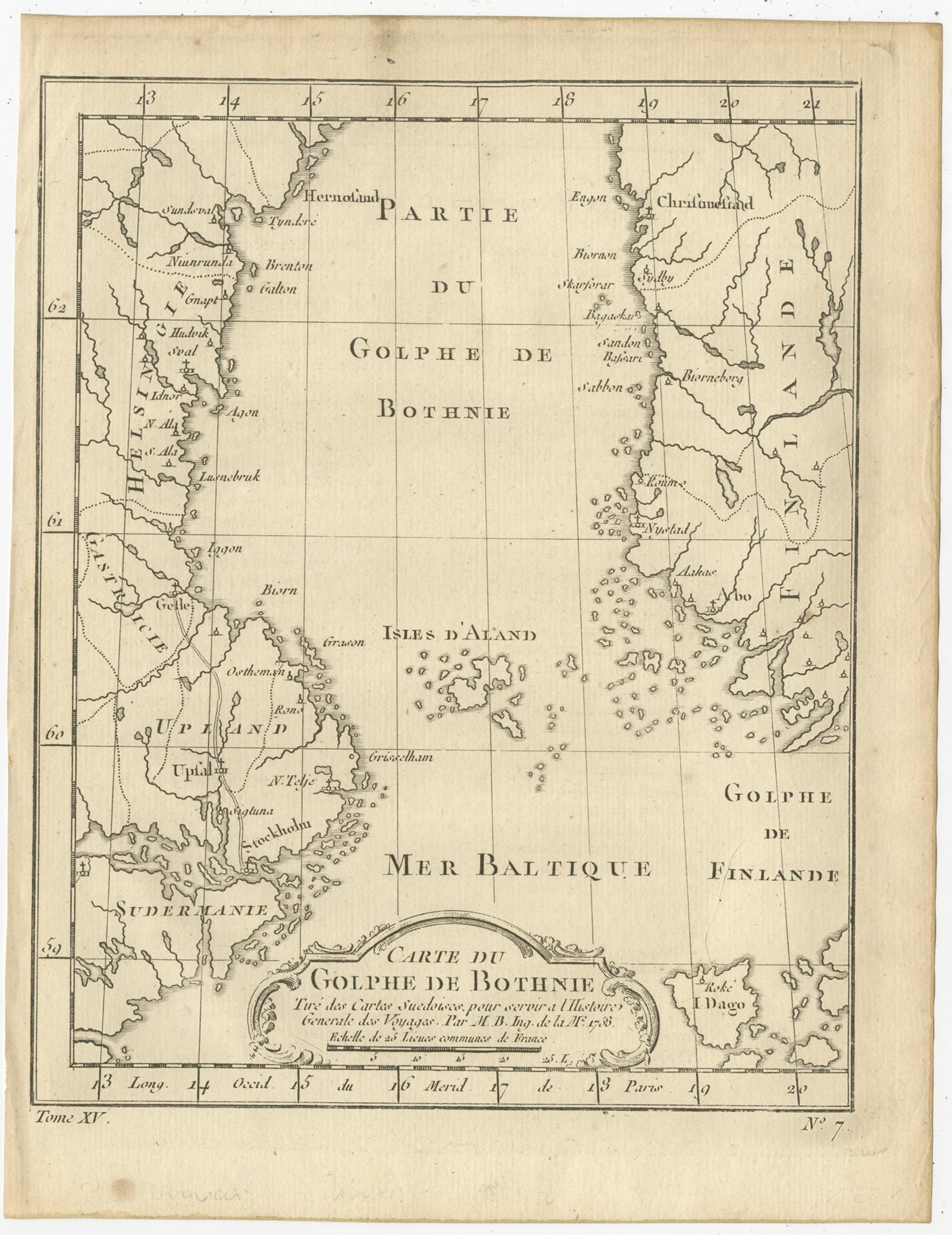 Antique map titled 'Carte du Golphe de Bothnie'. 

Original antique map of the Gulf of Bothnia, the northernmost arm of the Baltic Sea. It is situated between Finland's west coast (Ostrobothnia) and Sweden's east coast (Westrobothnia and North