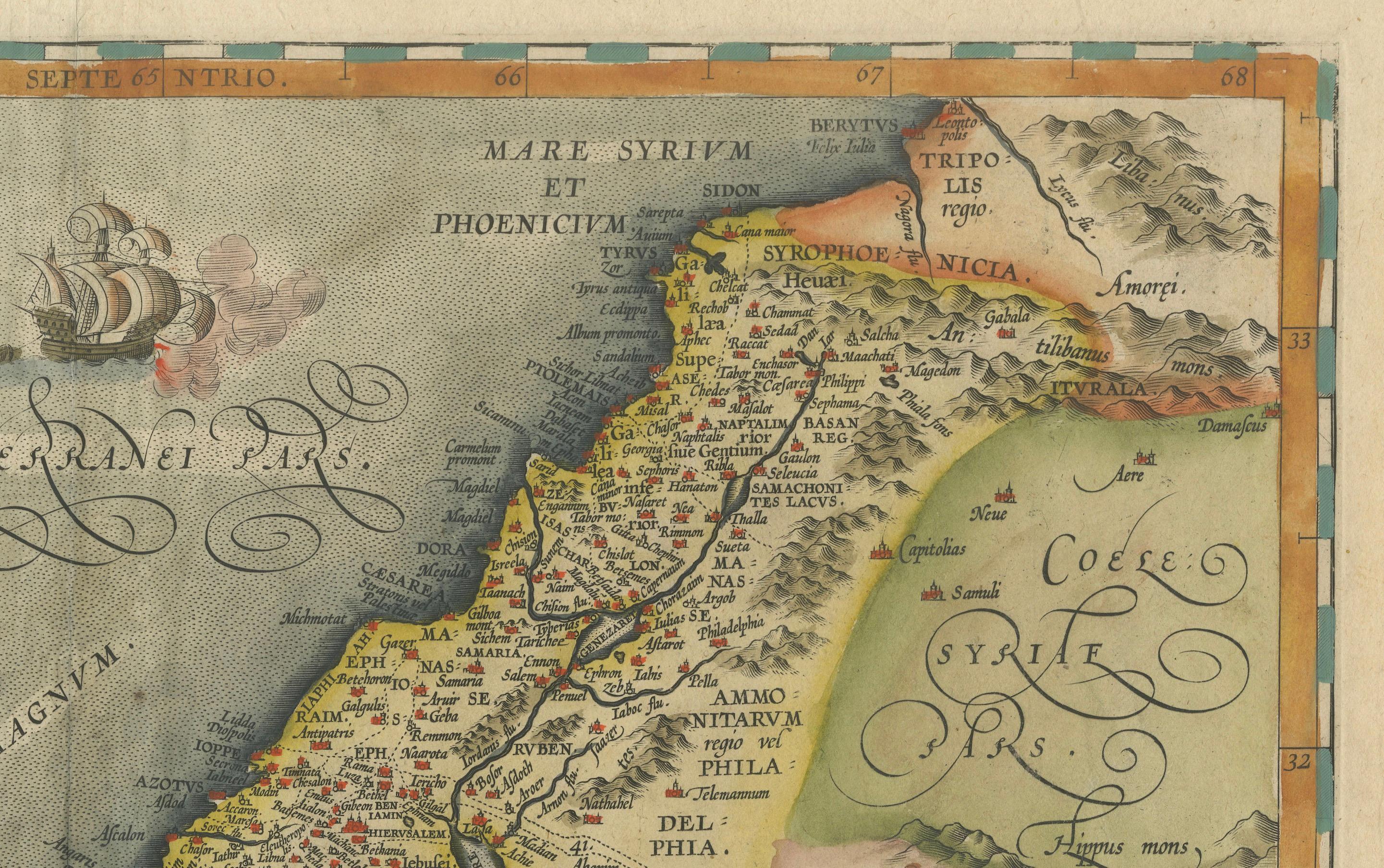 Paper Old Map of the Holy Land, Palestine, Promised Land and Biblical Regions, 1608