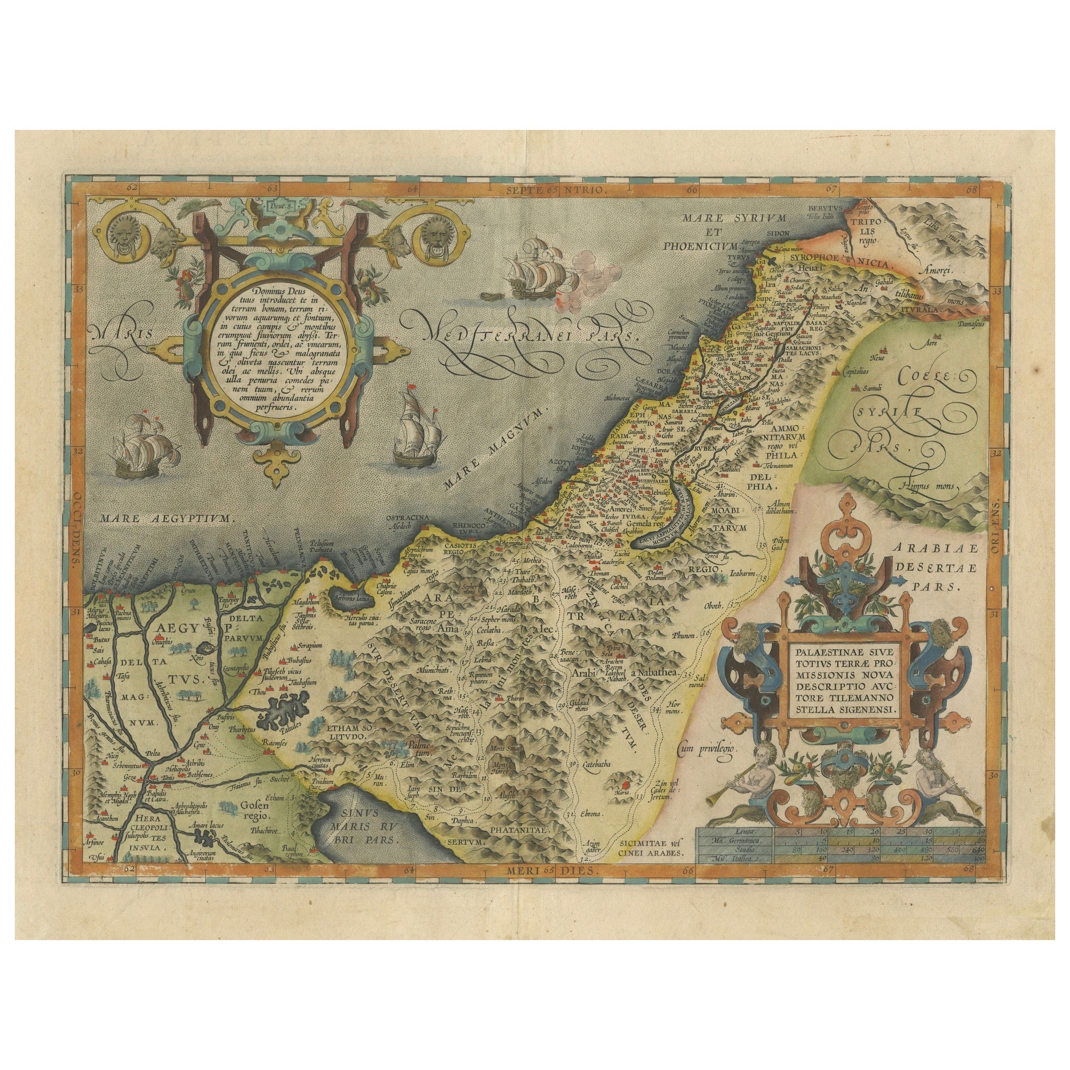 Old Map of the Holy Land, Palestine, Promised Land and Biblical Regions, 1608