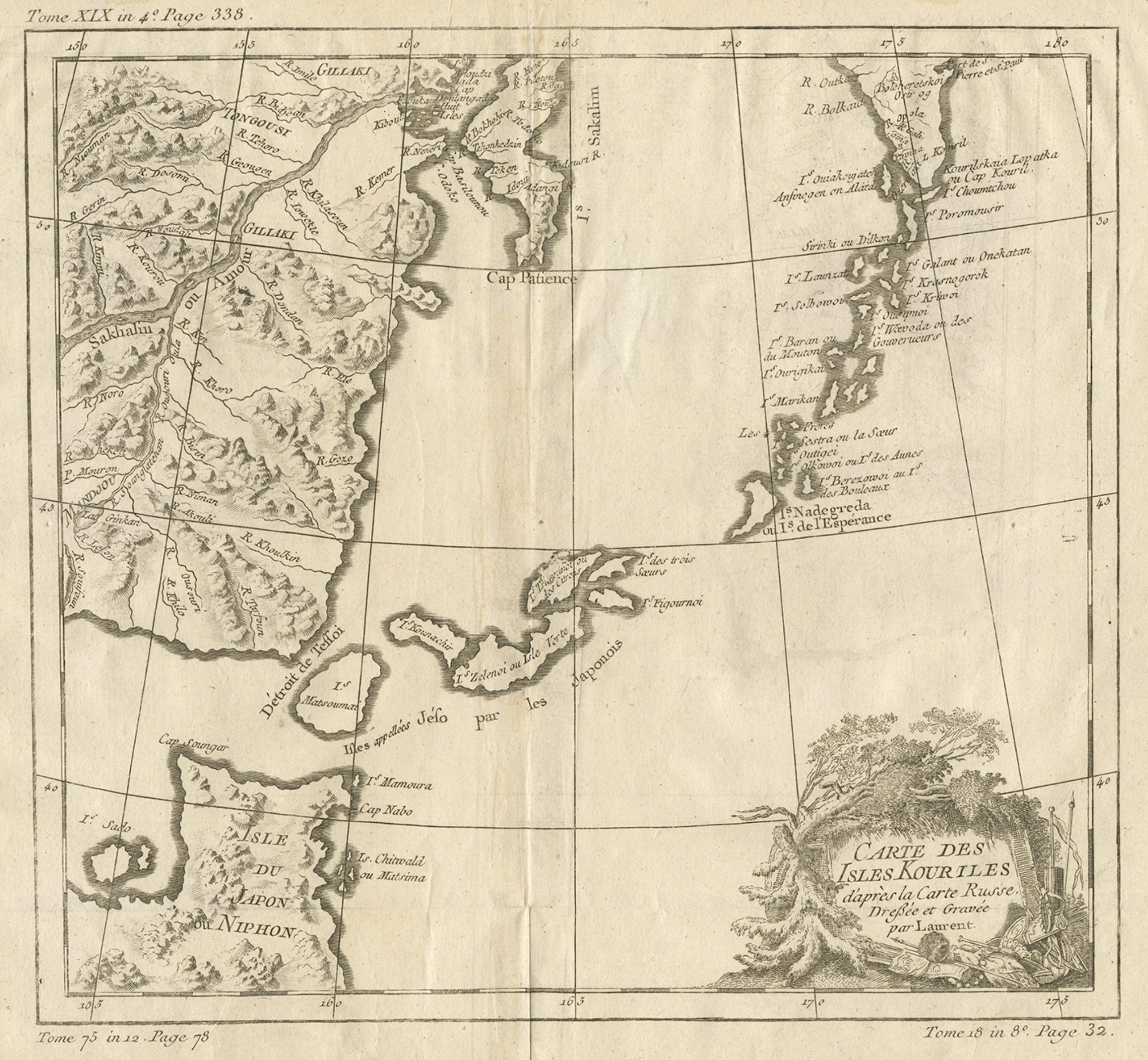 Engraved Old Map of The Kurile Islands, from Hokkaido, Japan to Kamchatka, Russia, c.1750 For Sale