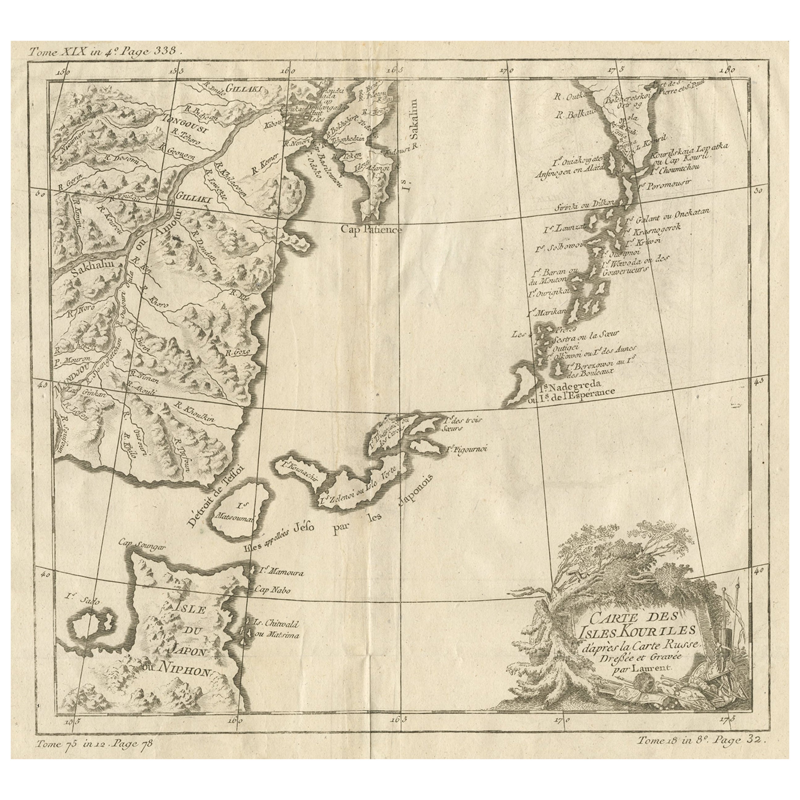 Antica mappa delle Isole Curili, da Hokkaido, Giappone, a Kamchatka, Russia, 1750 ca.