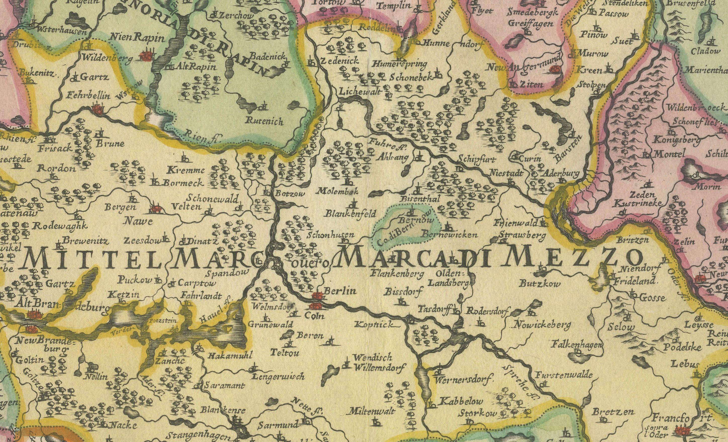 Carte historique du Margraviat de Brandebourg par Giacomo Cantelli da Vignola - 1687  

Cette magnifique carte, intitulée Marchesato, et Elettorato di Brandeburgo con una gran Porzione della Pomerania, est une exceptionnelle gravure sur cuivre du