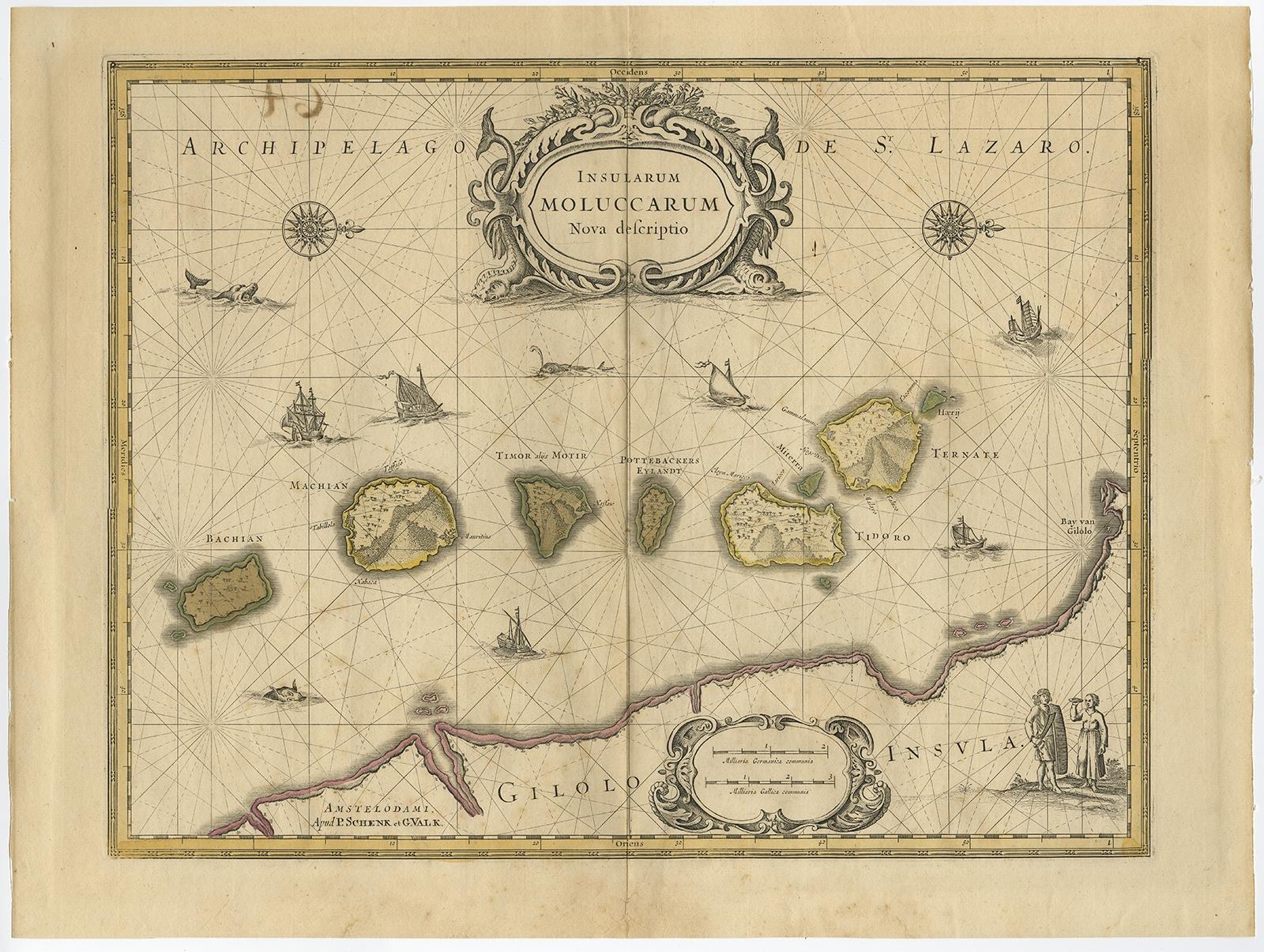 Antique map titled 'Insularum Moluccarum Nova Descriptio.' 

Old map of the Moluccas. The famous Spice Islands, the cornerstone of the Dutch trading empire in the East Indies throughout the 17th Century, is the focus of this exquisite map. Similar