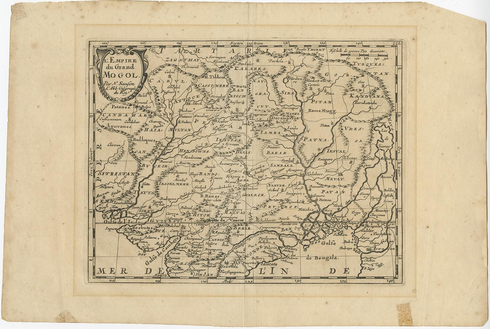 Antike Karte mit dem Titel 'L'Empire du Grand Mogol'. Alte Karte von Indien und Zentralasien. 

Die Karte reicht von Persien im Westen bis zum Chimay-See und dem Golf von Bengalen, im Norden befindet sich das Himalaya-Gebirge.

Künstler und