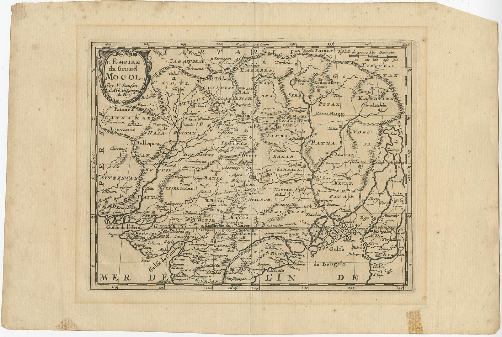 Antique map titled 'L'Empire du Grand Mogol'. Old map of India and Central Asia. 

The map extends from Persia in the West to Lake Chimay and the Bay of Bengal, with the Himalaya Mountains in the north.

Artists and engravers: Nicholas Sanson