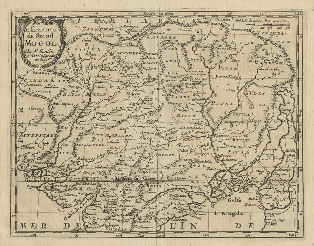 Old Map of the Mughal Empire, Persia in the West to Lake Chimay etc., ca.1685