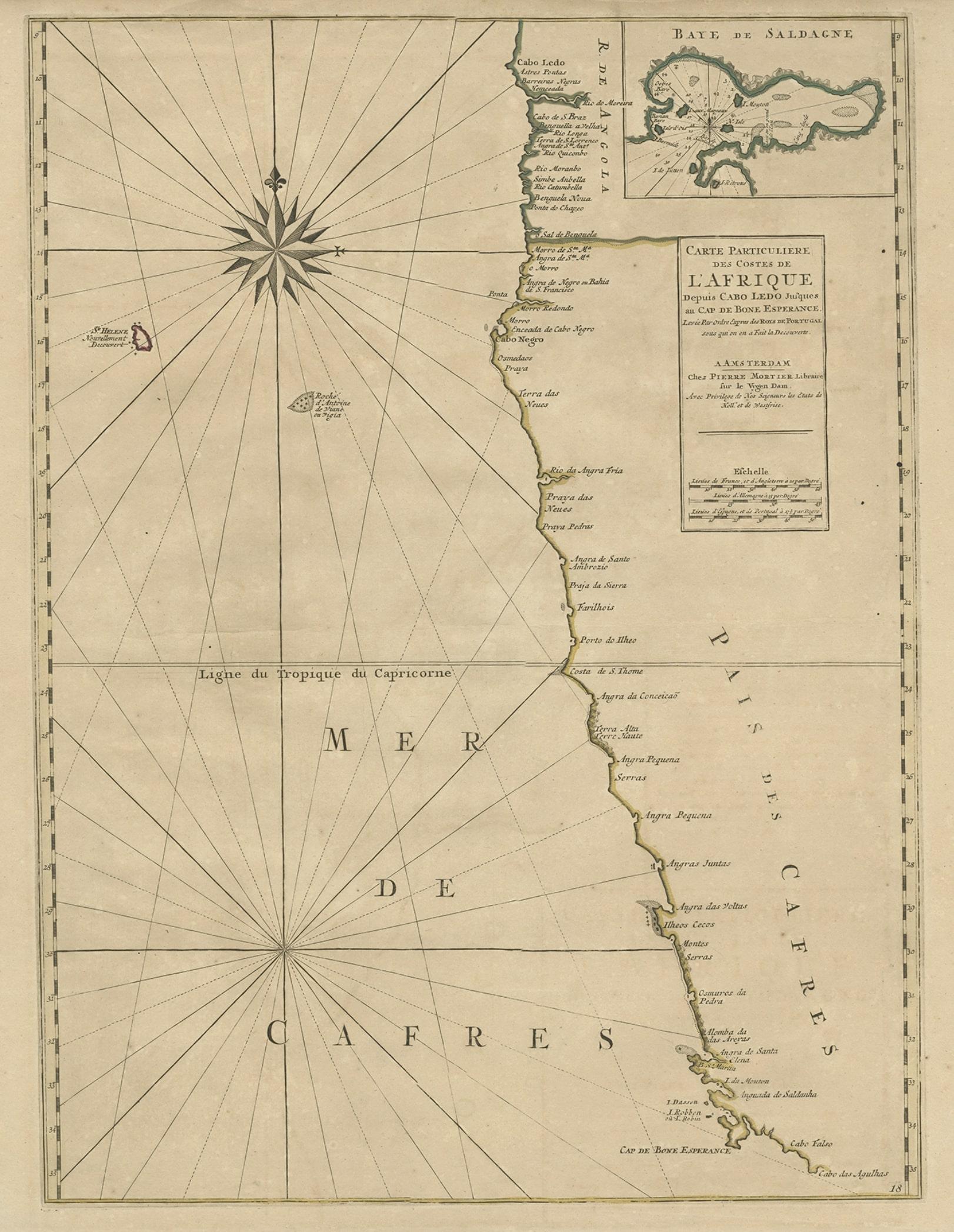 Ancienne carte des côtes de la Namibie et de l'Afrique du Sud et encart de la baie de Saldanha, vers 1700 Bon état - En vente à Langweer, NL