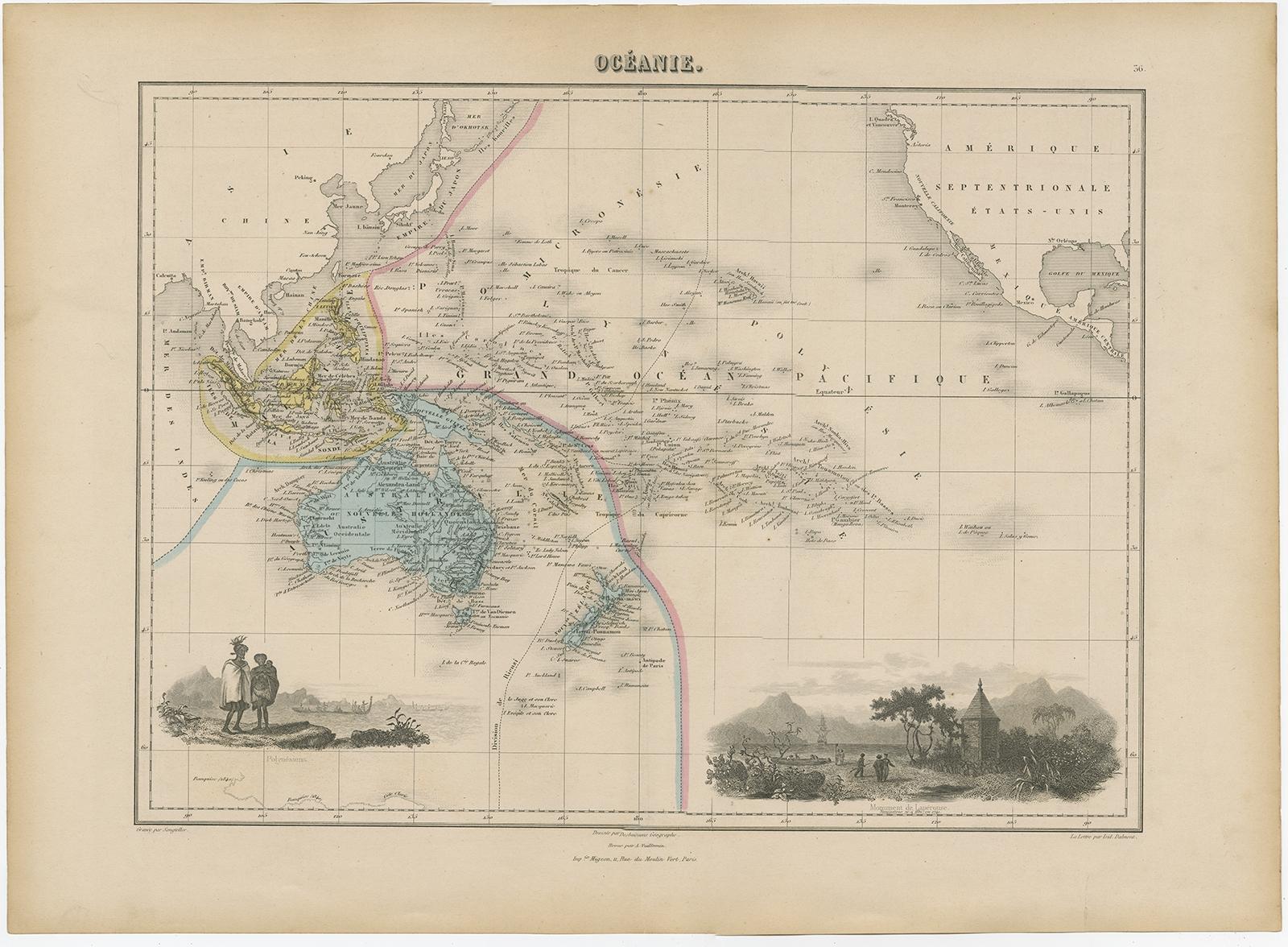 Antique map titled 'Océanie'. 

Old map of the oceans around Australia, Indonesia and New Zealand. With vignettes of people from Polynesia and the old monument Laparouse. This map originates from 'Géographie Universelle Atlas-Migeon' by J.