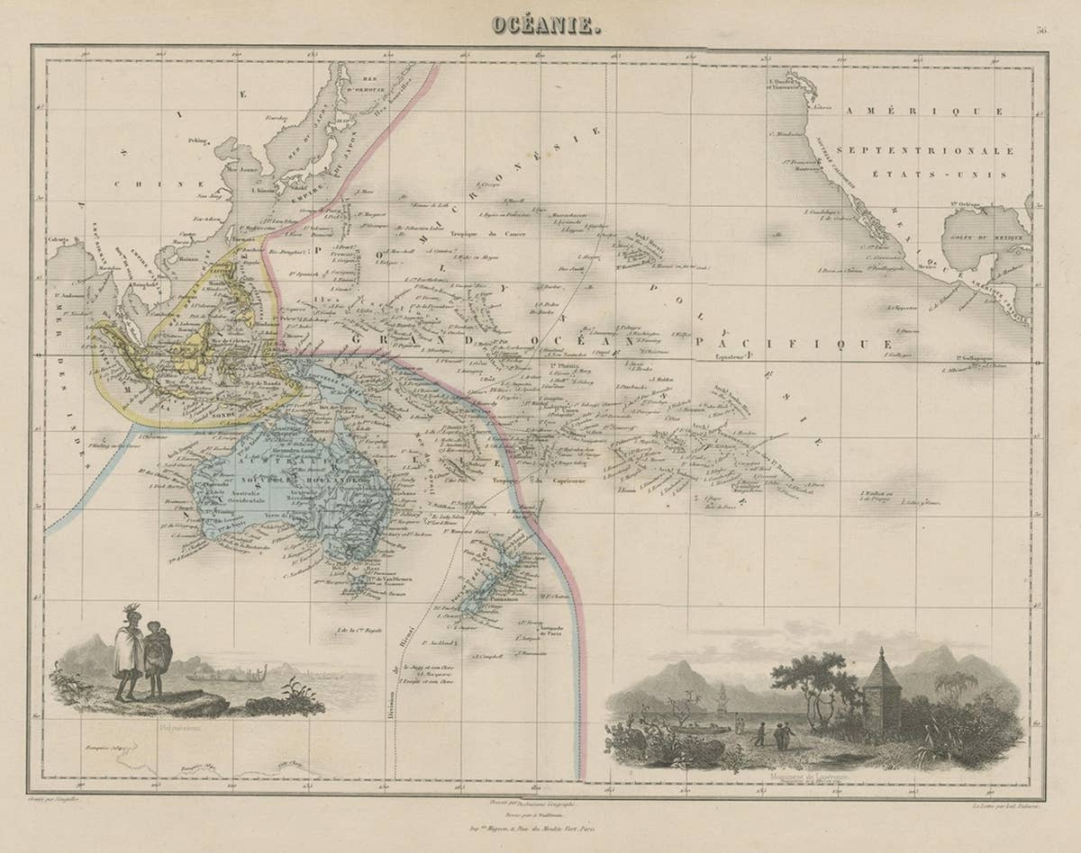 Old Map of the Oceans Around Australia, Indonesia and New Zealand, 1880