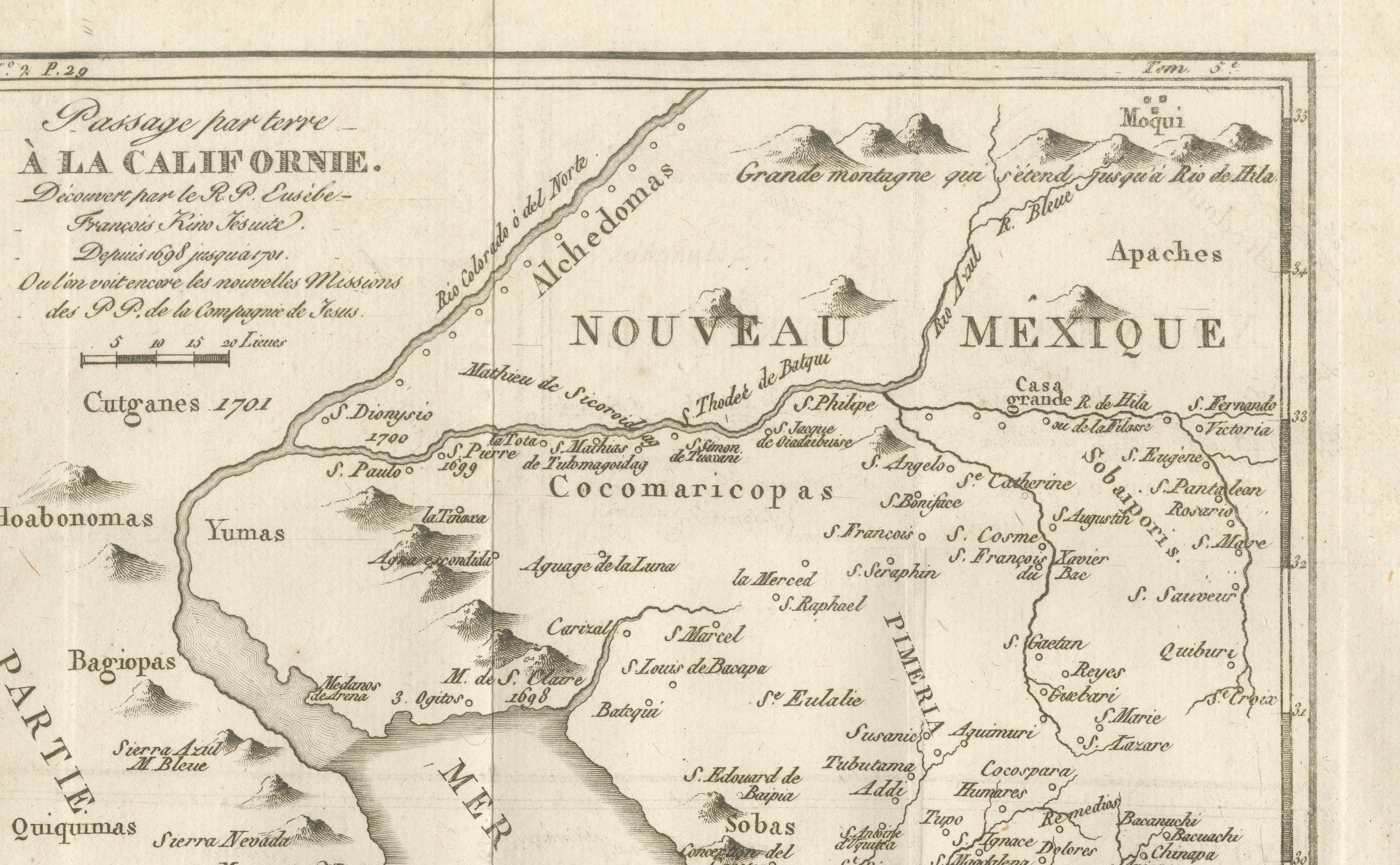 Français Ancienne carte de la route terrestre vers la Californie - Les premiers chemins d'exploration, 1701 en vente