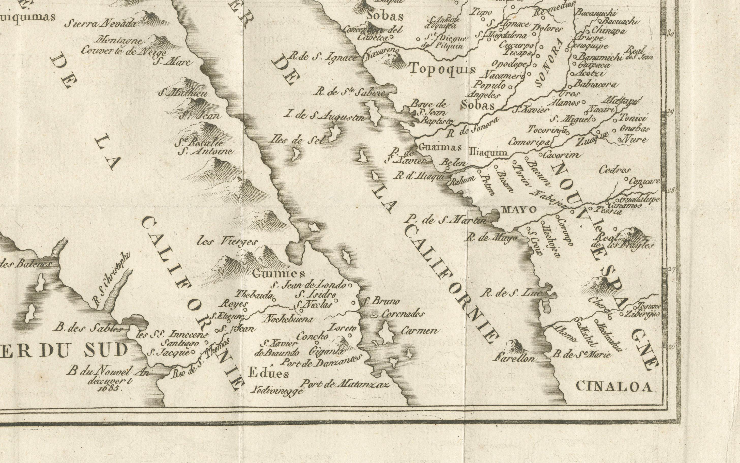 Gravé Ancienne carte de la route terrestre vers la Californie - Les premiers chemins d'exploration, 1701 en vente