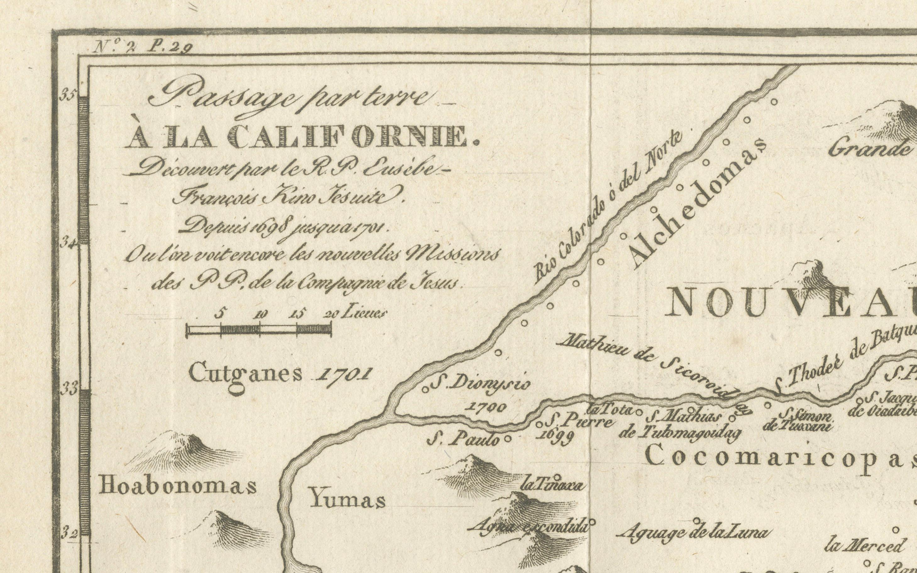 XVIIIe siècle Ancienne carte de la route terrestre vers la Californie - Les premiers chemins d'exploration, 1701 en vente