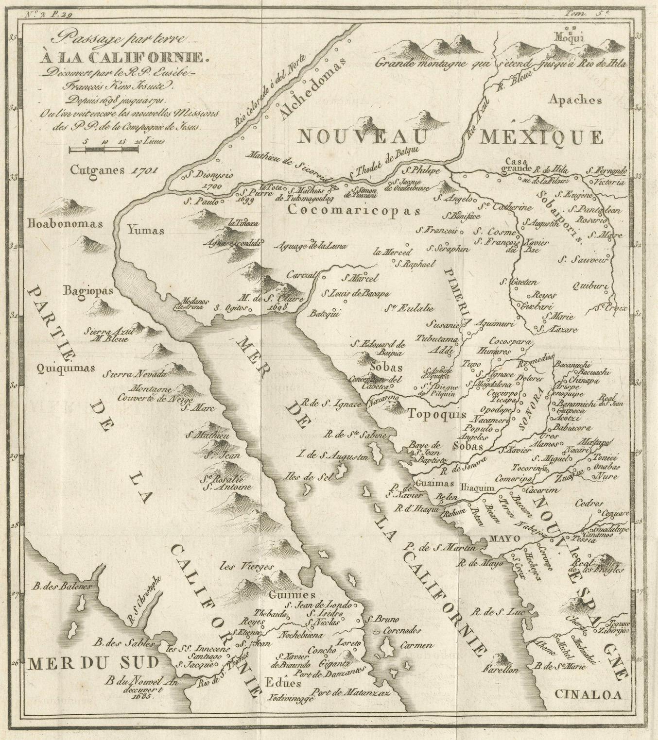 Papier Ancienne carte de la route terrestre vers la Californie - Les premiers chemins d'exploration, 1701 en vente