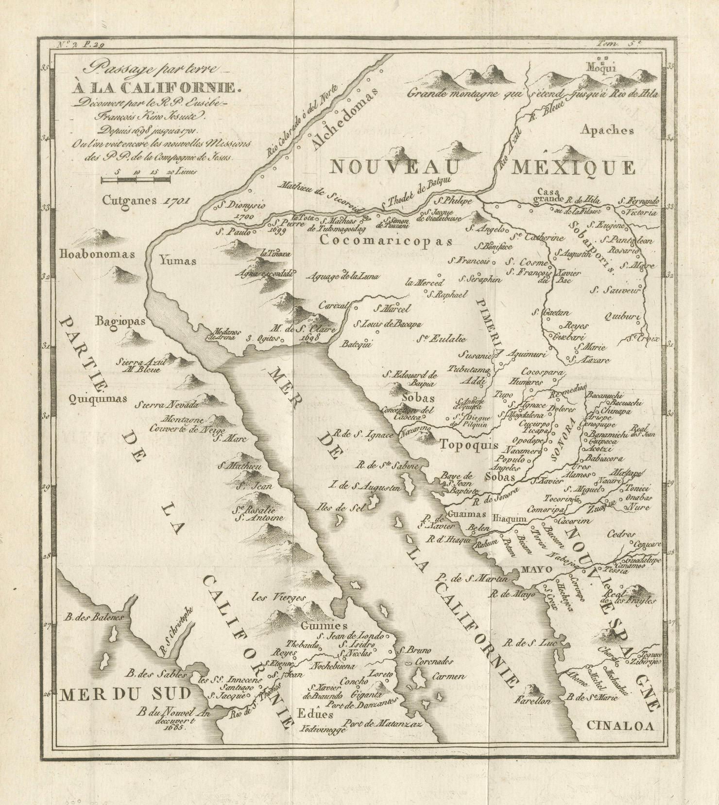 Ancienne carte de la route terrestre vers la Californie - Les premiers chemins d'exploration, 1701 en vente 1