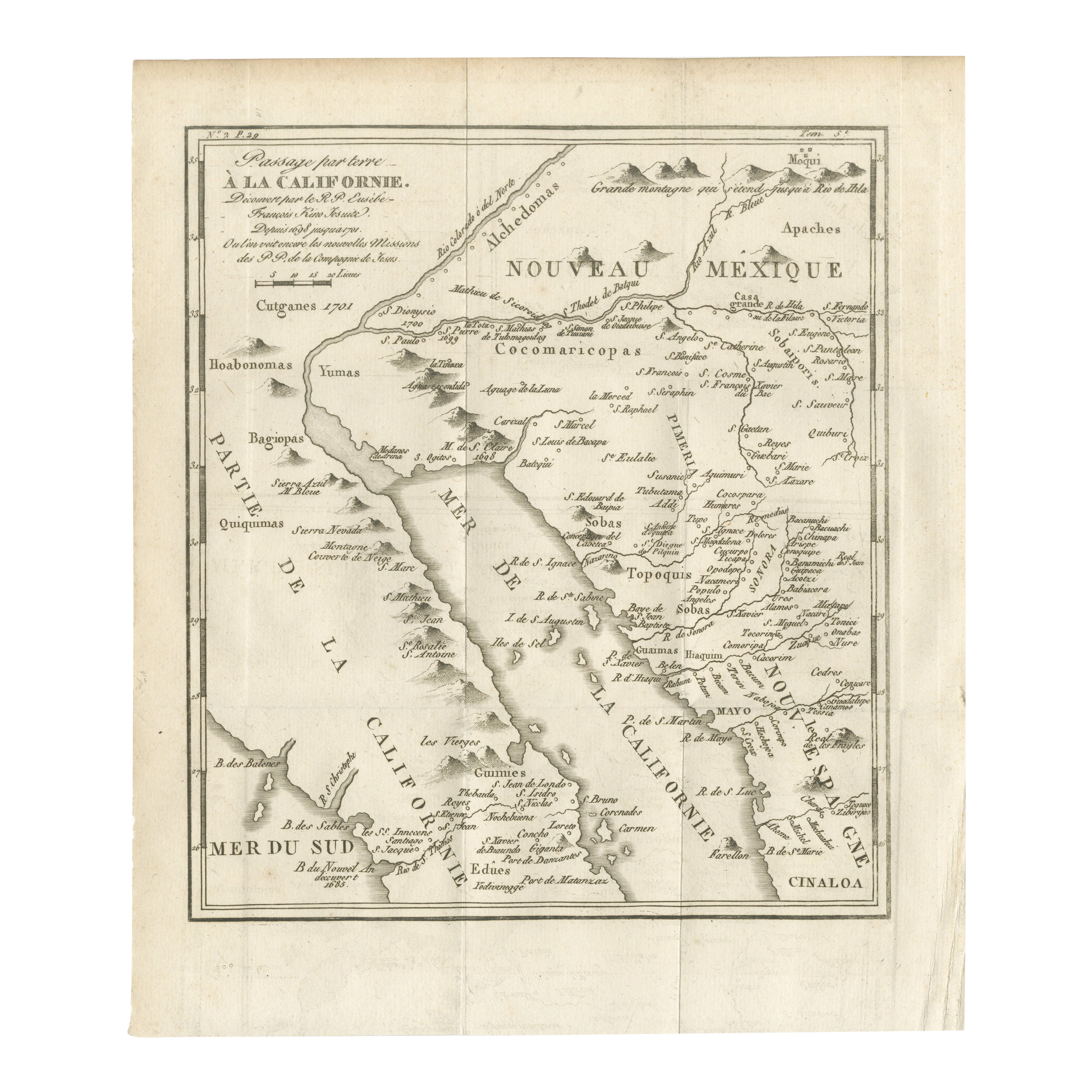 Ancienne carte de la route terrestre vers la Californie - Les premiers chemins d'exploration, 1701 en vente