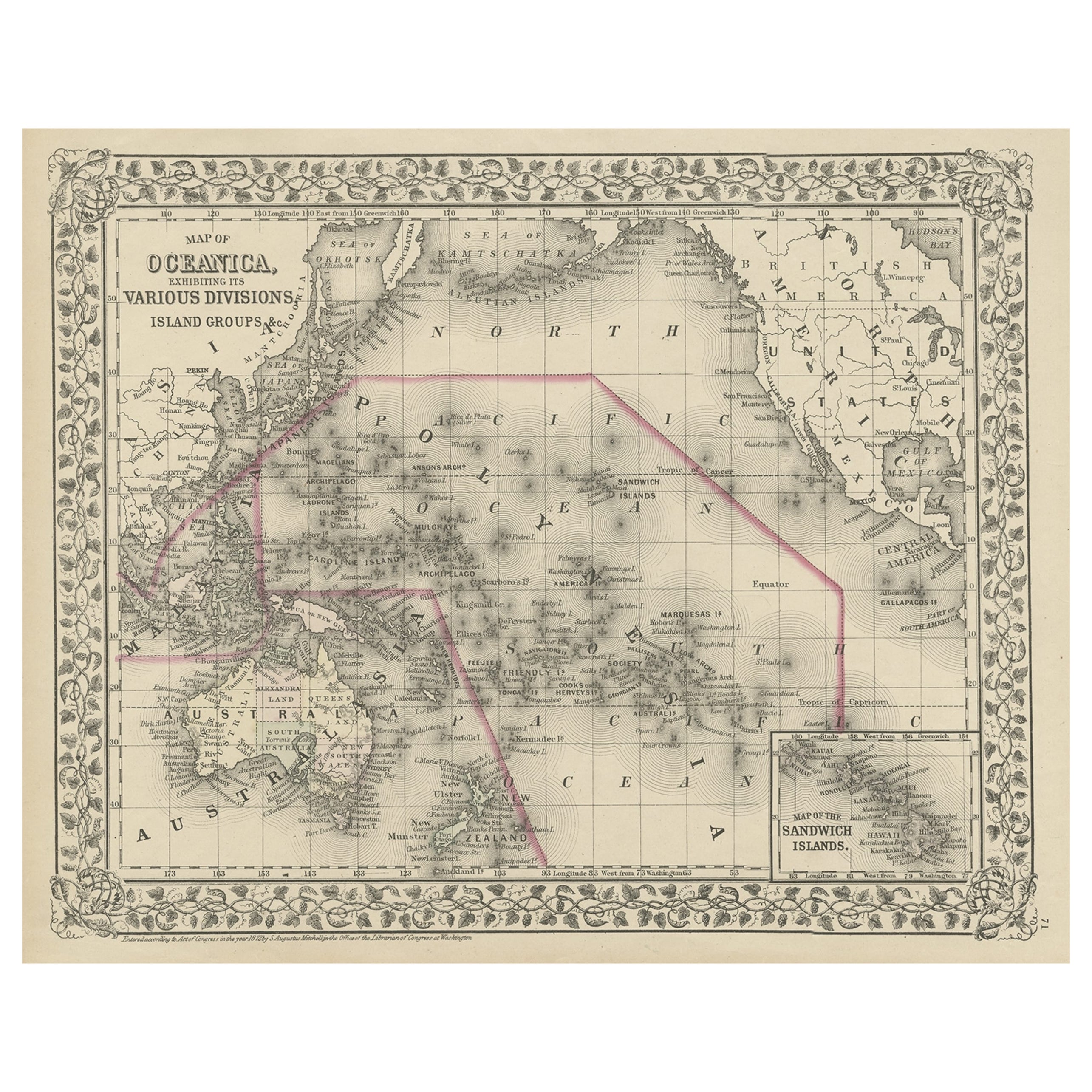 Carte ancienne du Pacifique, incluant l'Australie, la Polynésie, la Melanésie et la Malaisie, 1872