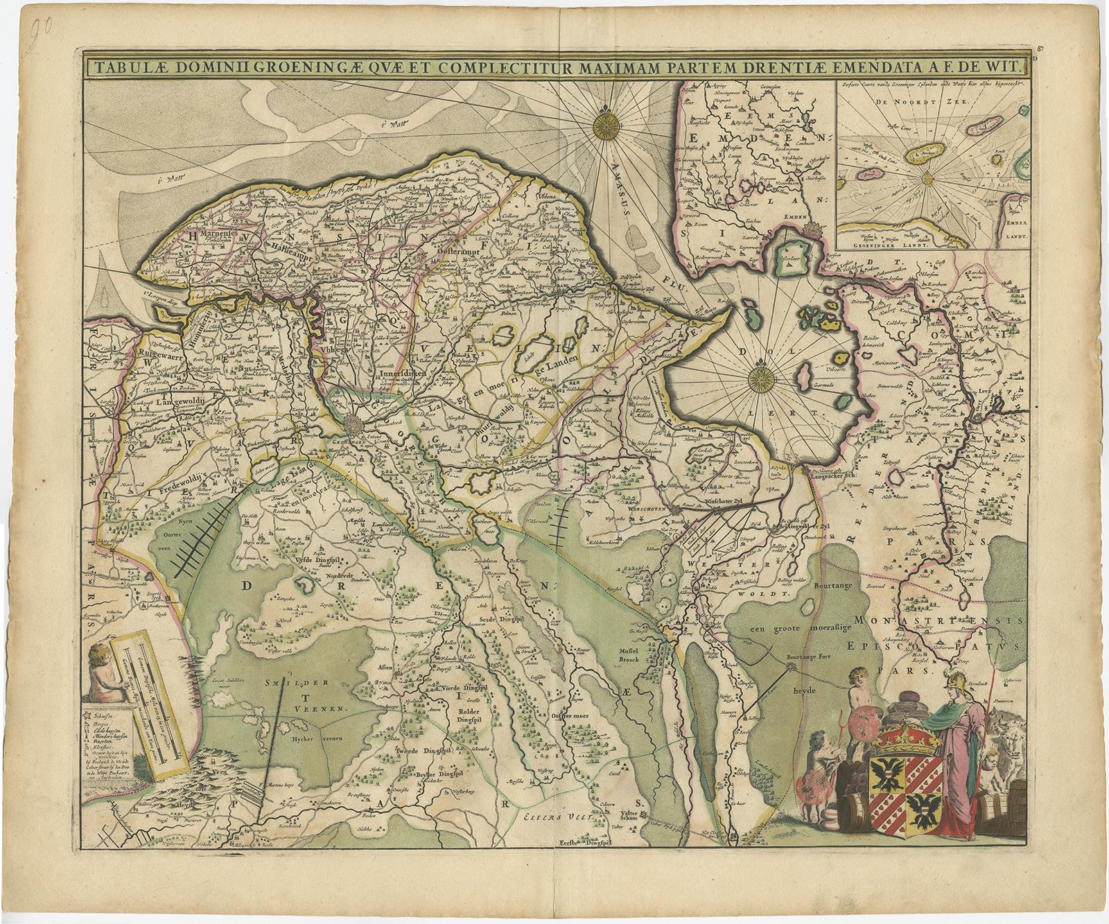 Antique map titled 'Tabulae dominii Groeningae quae et complecitur maximam partem Drentiae Emendata'. 

Old map of the province of Groningen, the Netherlands. With an inset map of the northern tip of Emden. 

Artists and Engravers: De Wit (1629