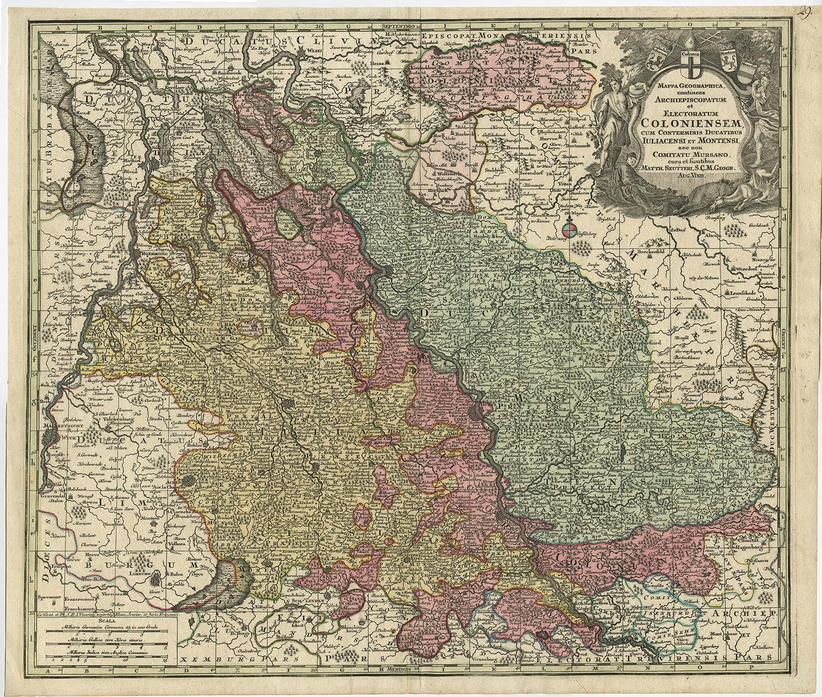 Antique map Germany titled 'Mappa Geographica continens Archiepiscopatum et Electoratum Coloniensem (..)'. 

This antique map depicts the Rhine river and many German cities including Düsseldorf, Bonn, Köln, Duisburg and more.

Artists and